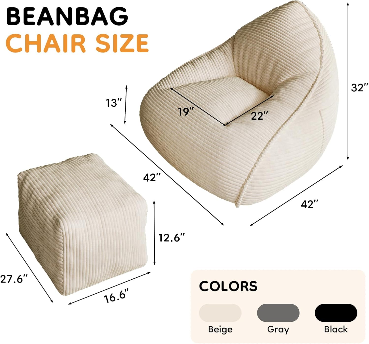 Cloud Large Bean Bag Chair with Ottoman, Corduroy Fabric+35D Memory Foam Big Beanbag Chair for Adults,Lounger Chairs Sofa Boneless Puff Chair for Living Room (Beige) (Beige, Clouds)