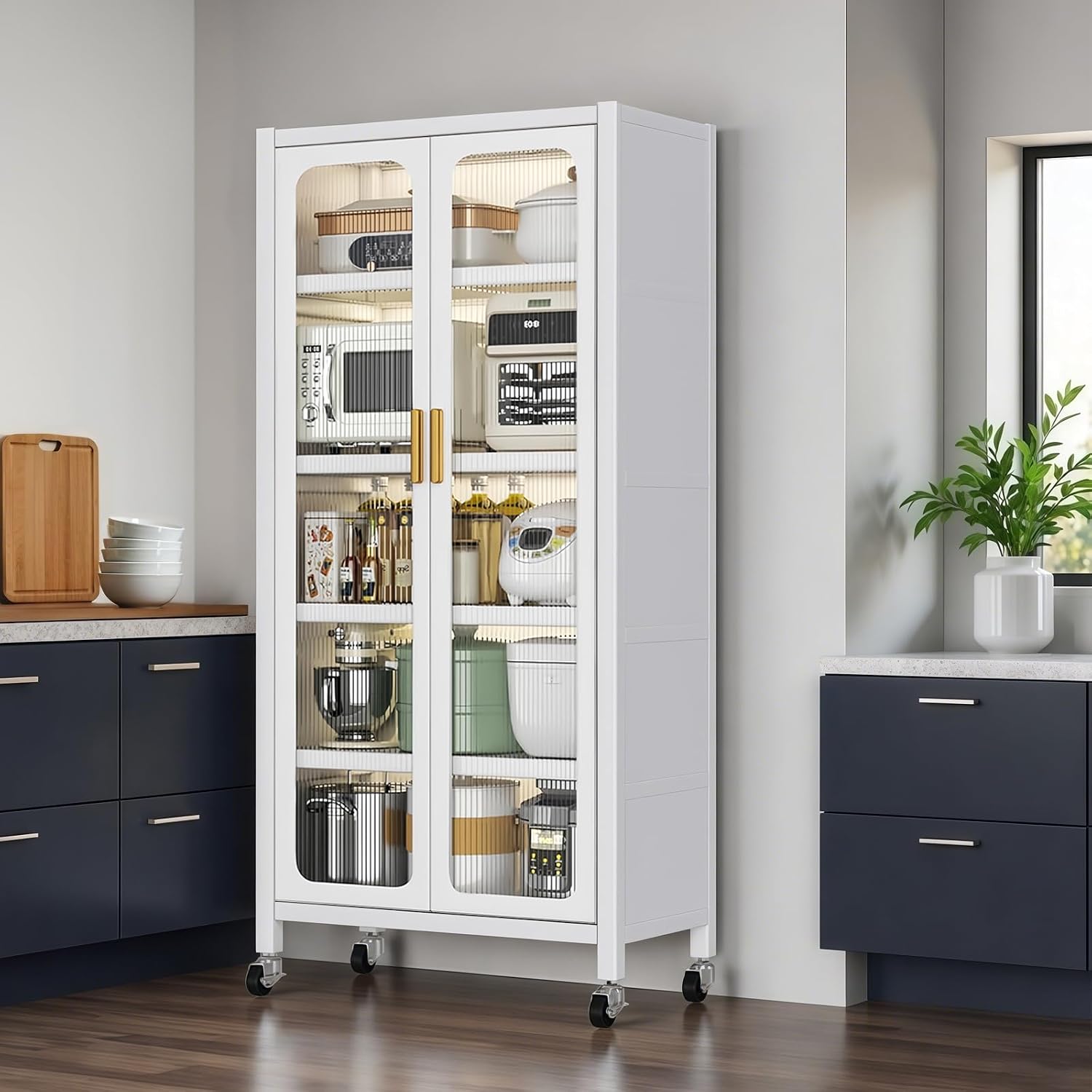 65" Tall Freestanding Kitchen Pantry Cabinet, 6-Tier Metal Food Pantry Storage Cabinet with Transparent Door, Adjustable Shelves and Rolling Wheels,Display Cabinet for Kitchen, Living Room,White