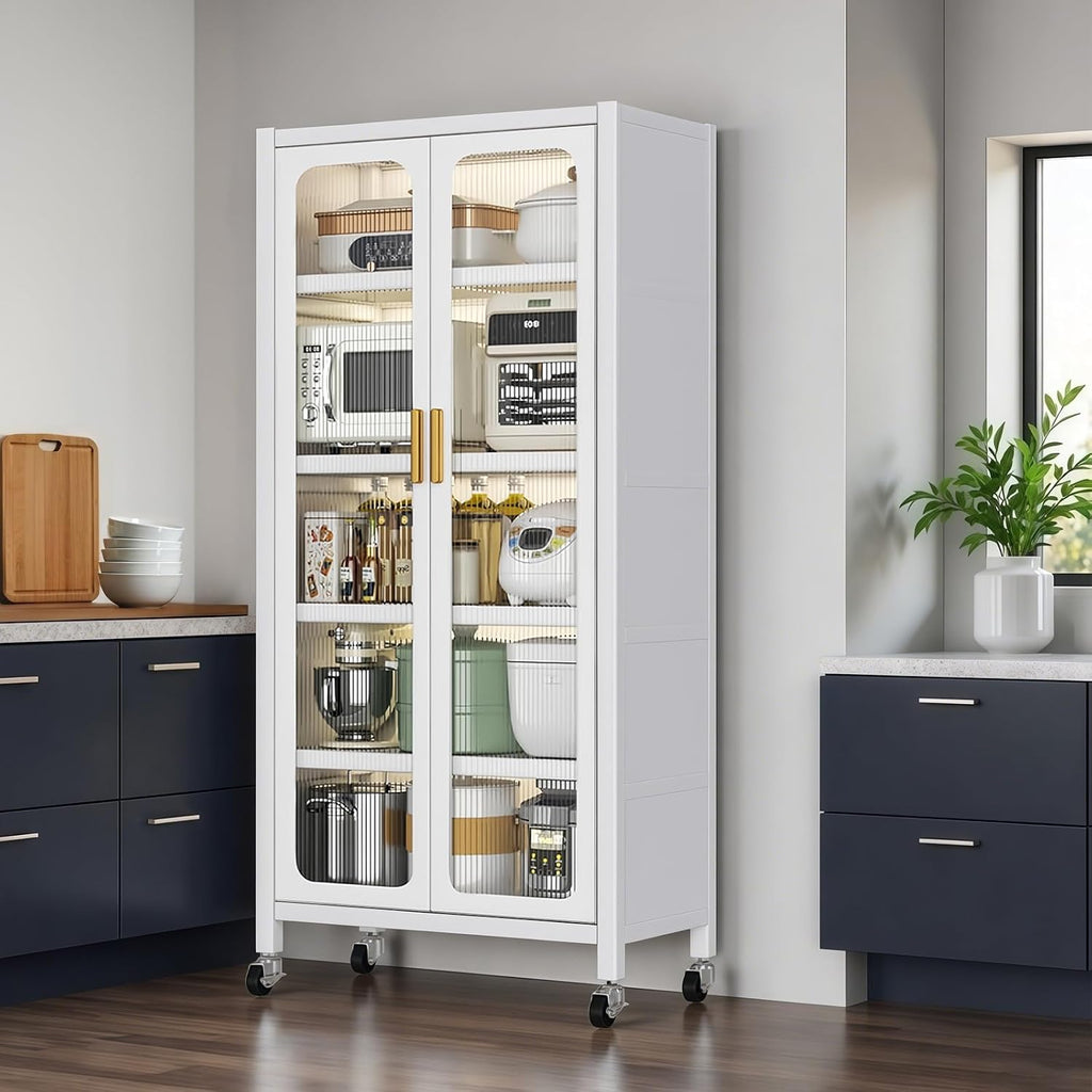 65" Metal Kitchen Cabinet with Transparent Doors, 6-Tier Rolling Pantry Cabinet on Wheels - Sturdy Adjustable Shelves, Mobile Storage Buffet Cabinet for Kitchen, Living Room, Dining Room(White)