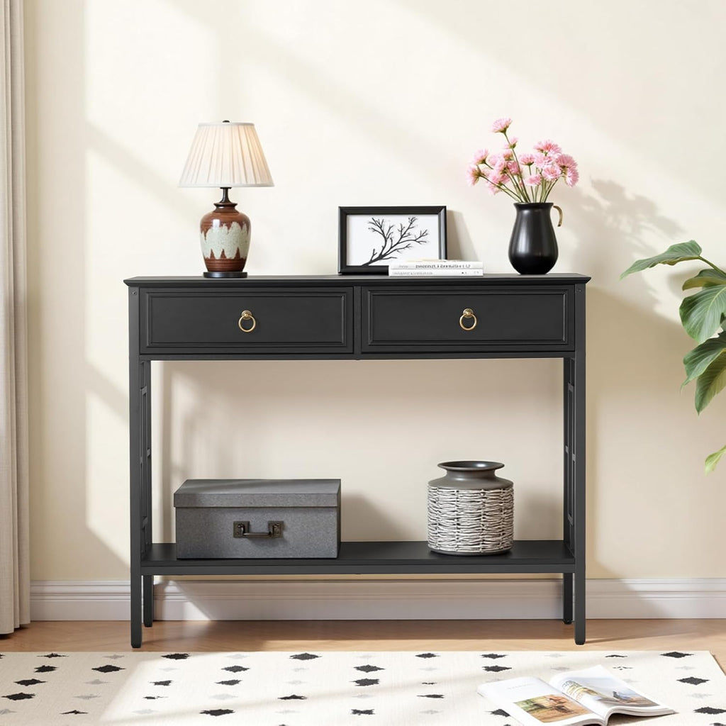 MAHANCRIS Console Table with 2 Drawers, Entryway Table with Storage Shelf, Entrance Accent Tables, 2-Tier Narrow Hallway Table, Behind Couch Table, for Entryway, Living Room, Hallway, Black CTBK6101