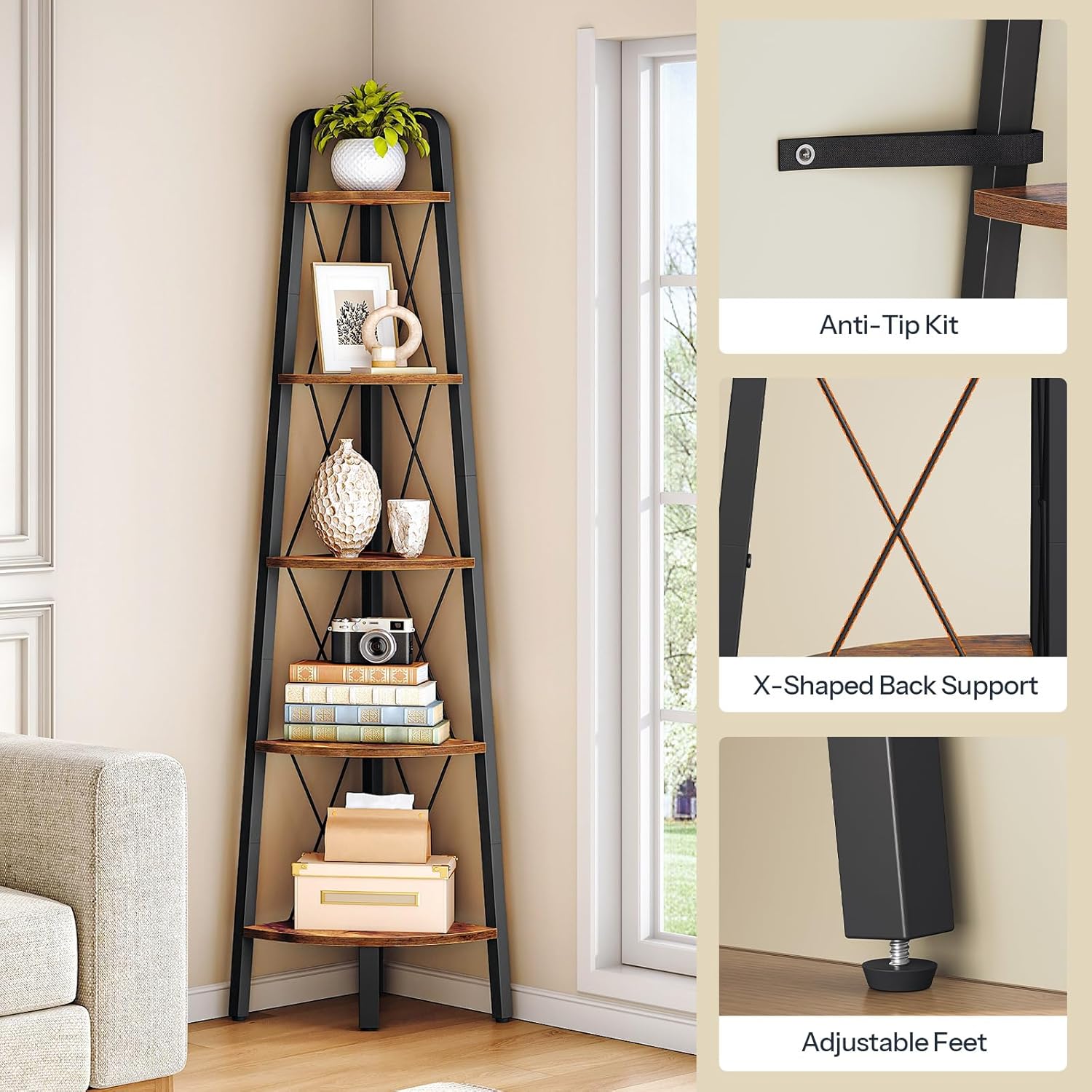 HOOBRO Corner Shelf, 5-Tier Corner Shelf Stand, 66.9" Tall Ladder Bookshelf, Industrial Corner Display Shelf Plant Stand for Living Room, Kitchen, Home Office, Rustic Brown BF145CJ01