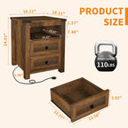 MUUEGM Night Stand with Charging Station, 18'' Rustic Nightstand with 2 Storage Drawers and Open Shelves, Modern Wood End Tables for Bedroom, Living Room, Closet, Office, Brown Nightstands