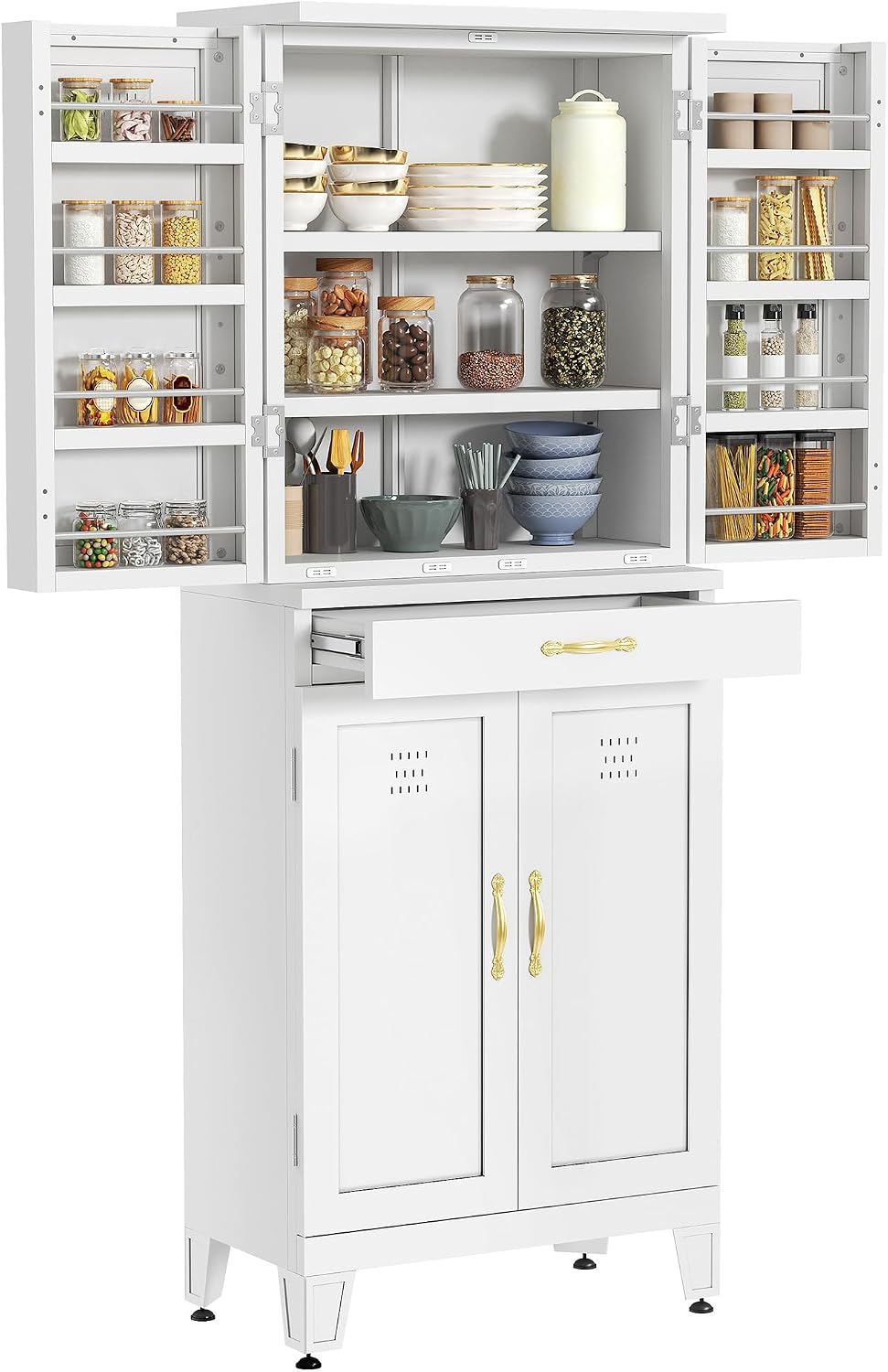 YITAHOME 71" Metal Kitchen Pantry Cabinet with 4 Door & 4 Adjustable Shelves, Storage Cabinet with 1 Drawer & 8 Door Racks, Tall Freestanding Food Steel Cupboard for Kitchen, Dining Room, White