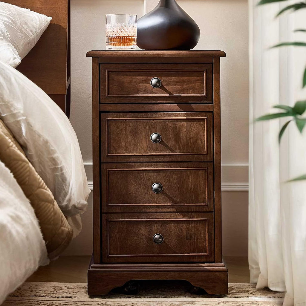 25" Tall Traditional End Table with Rolling Casters & Charging Station, Wooden Side Table with Cup Holder Tray, Openable Magazine Rack & Adjustable Shelves, Walnut