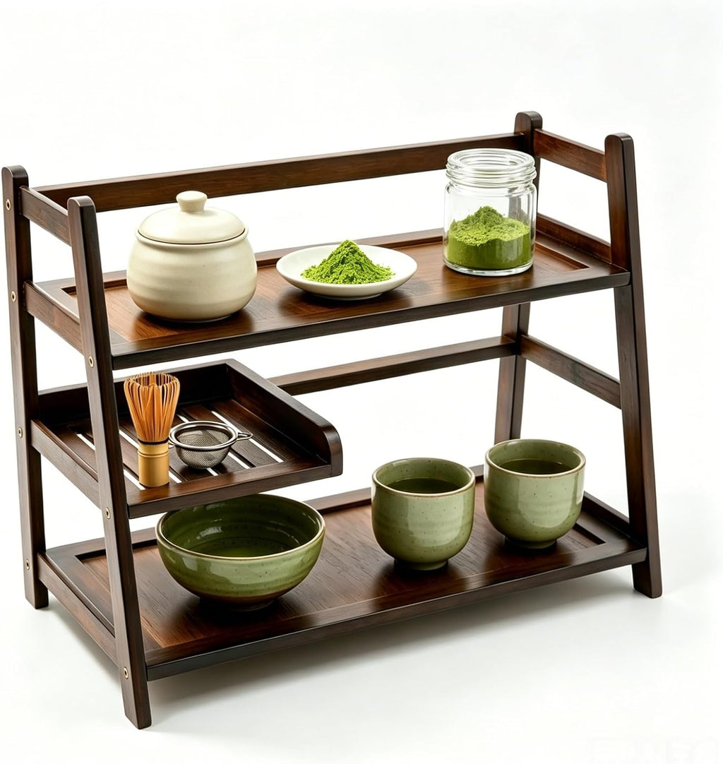Bamboo 3-Tier Matcha Station, Coffee Organizer & Mug Display for Countertop | brown, solid bamboo structure, 3-tier storage, smooth easy-wipe surface, simple assembly, for kitchen coffee office