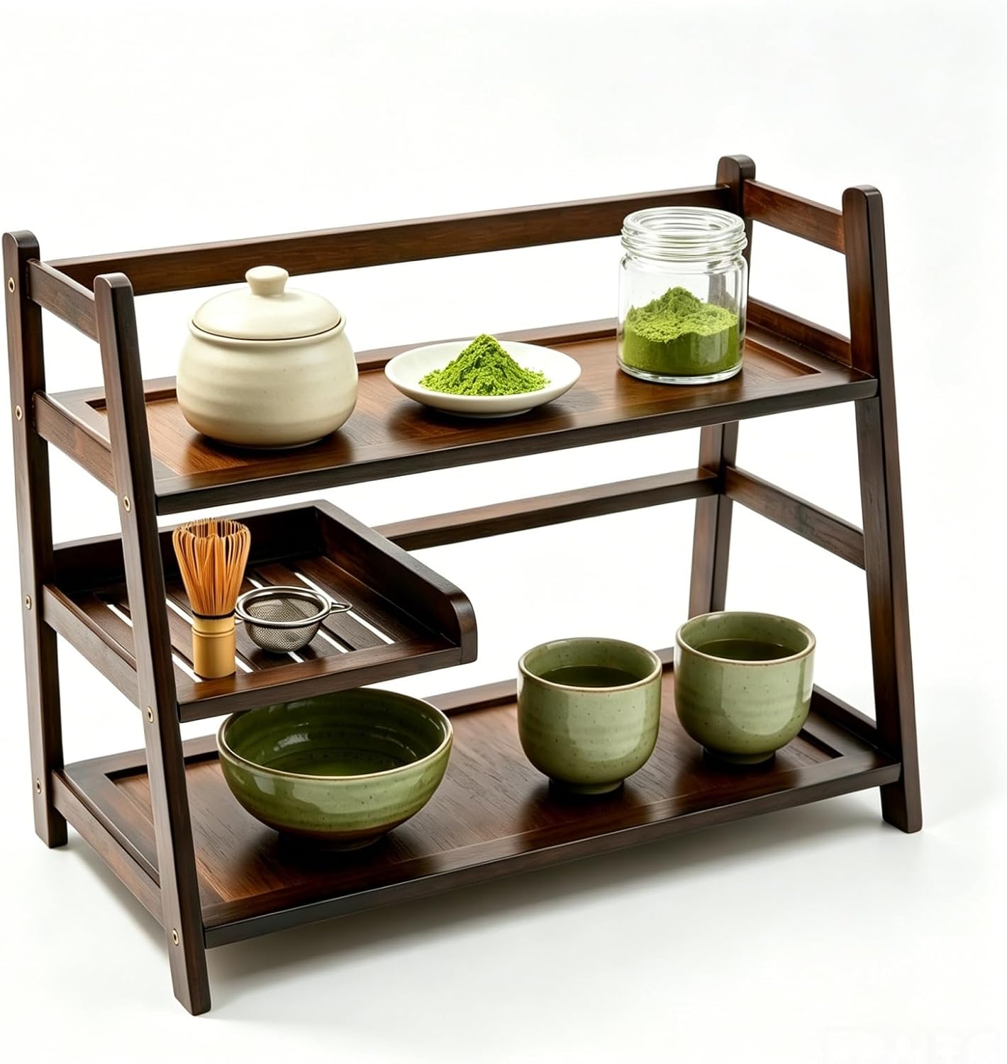 Bamboo 3-Tier Matcha Station, Coffee Organizer & Mug Display for Countertop | brown, solid bamboo structure, 3-tier storage, smooth easy-wipe surface, simple assembly, for kitchen coffee office