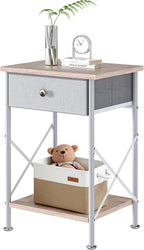 VECELO End Tables, Modern Nightstand with Fabric Drawer & Open Shelf, Night Stand for Bedroom Living Room, Industrial Metal Frame, Easy Assembly, White,1 Pack