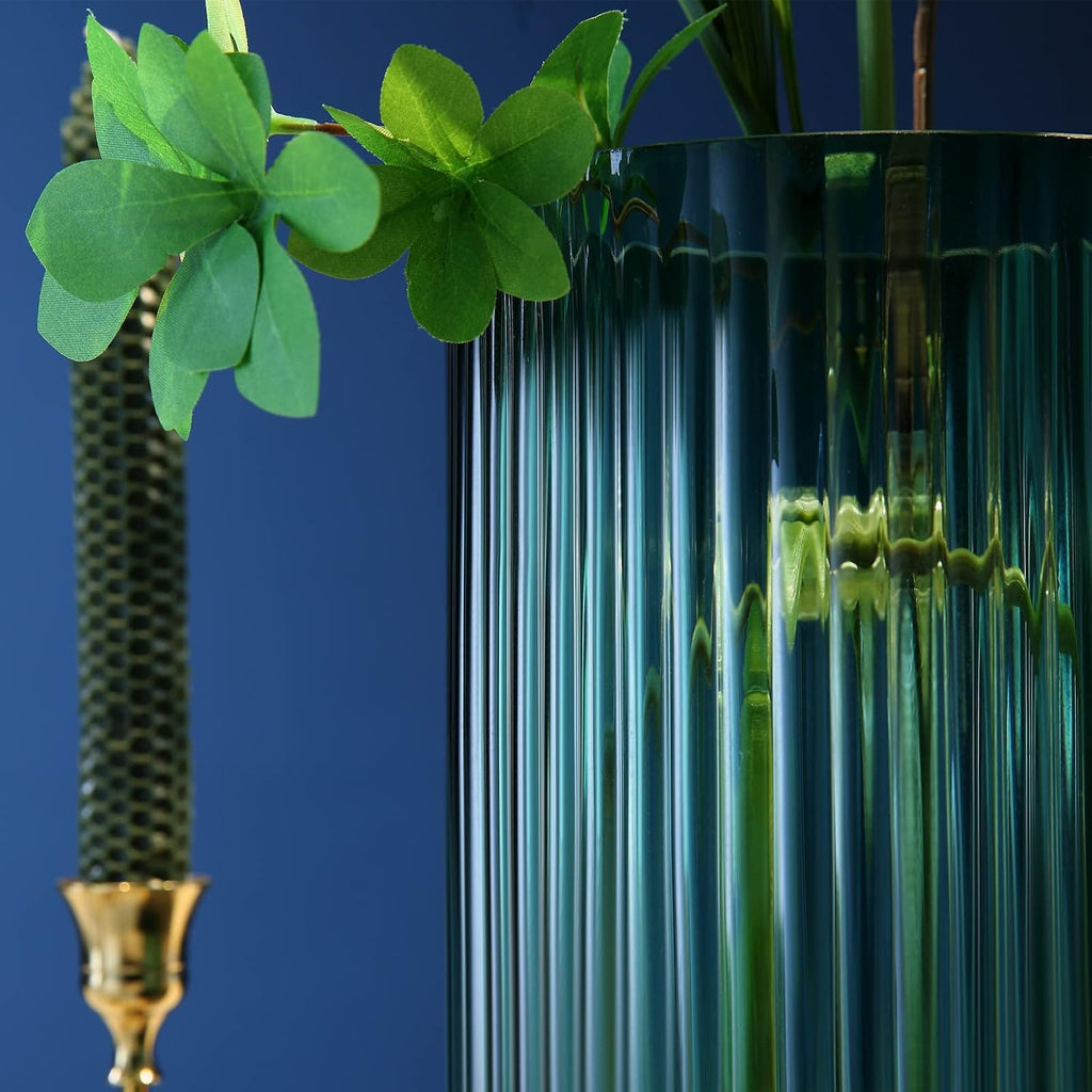 Large Cylinder Ribbed Green Glass Flower Vase for Farmhouse Dining Table Centerpieces Decor