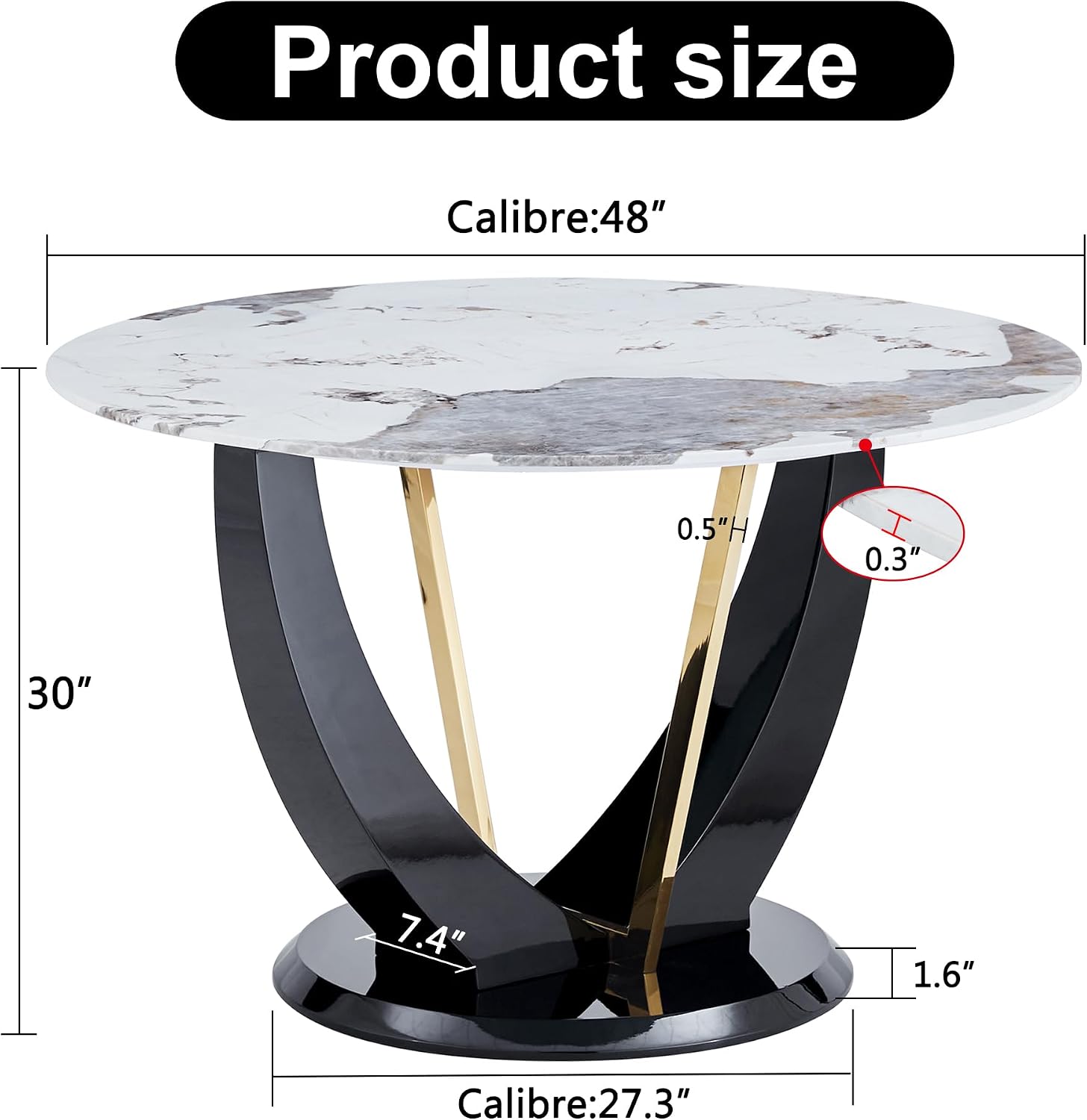 48 Inch Round Dining Table for 4-6, Modern Circle Dining Table with Black & Gold Metal Pedestal Base, Faux Marble Round Kitchen Table, 300 LBS Capacity