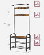 VASAGLE Coat Rack, Hall Tree with Shoe Bench for Entryway, Entryway Bench with Coat Rack, 4-in-1, with 9 Removable Hooks, a Hanging Rod, 13.3 x 28.3 x 72.1 Inches, Rustic Brown and Black UHSR40B