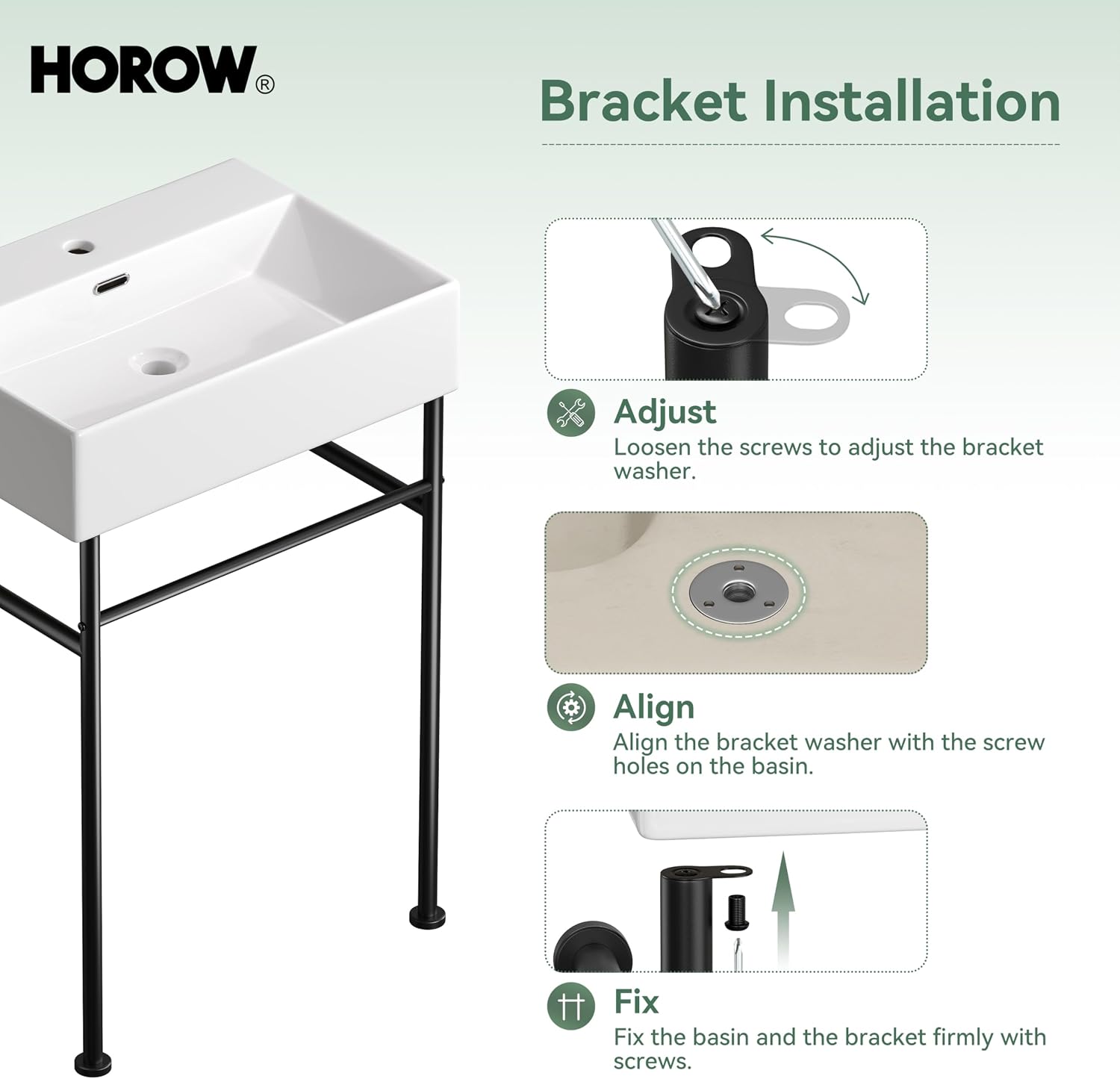HOROW 24" x 17" Console Bathroom Sink with Stainless Steel Support Pedestal Legs, Free Standing Vanity Basin, Wall-Mount Modern Rectangular Ceramic Sink Porcelain, Matte Black