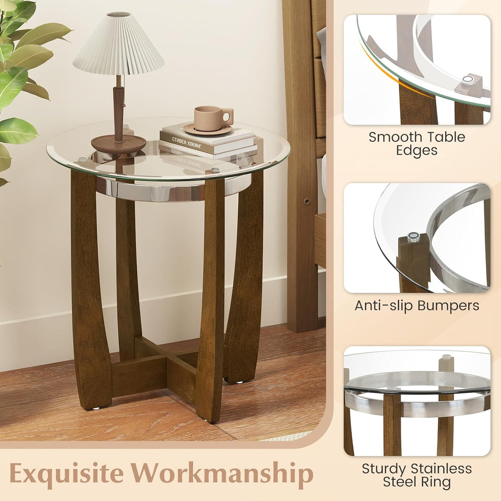 Giantex Round Glass End Table Set of 2, 24’’ Side Table with Tempered Glass Top, Nightstands with Cross & Solid Rubber Wood Base, Compact Bedside Night Stand for Bedroom Office Living Room (2, Walnut)