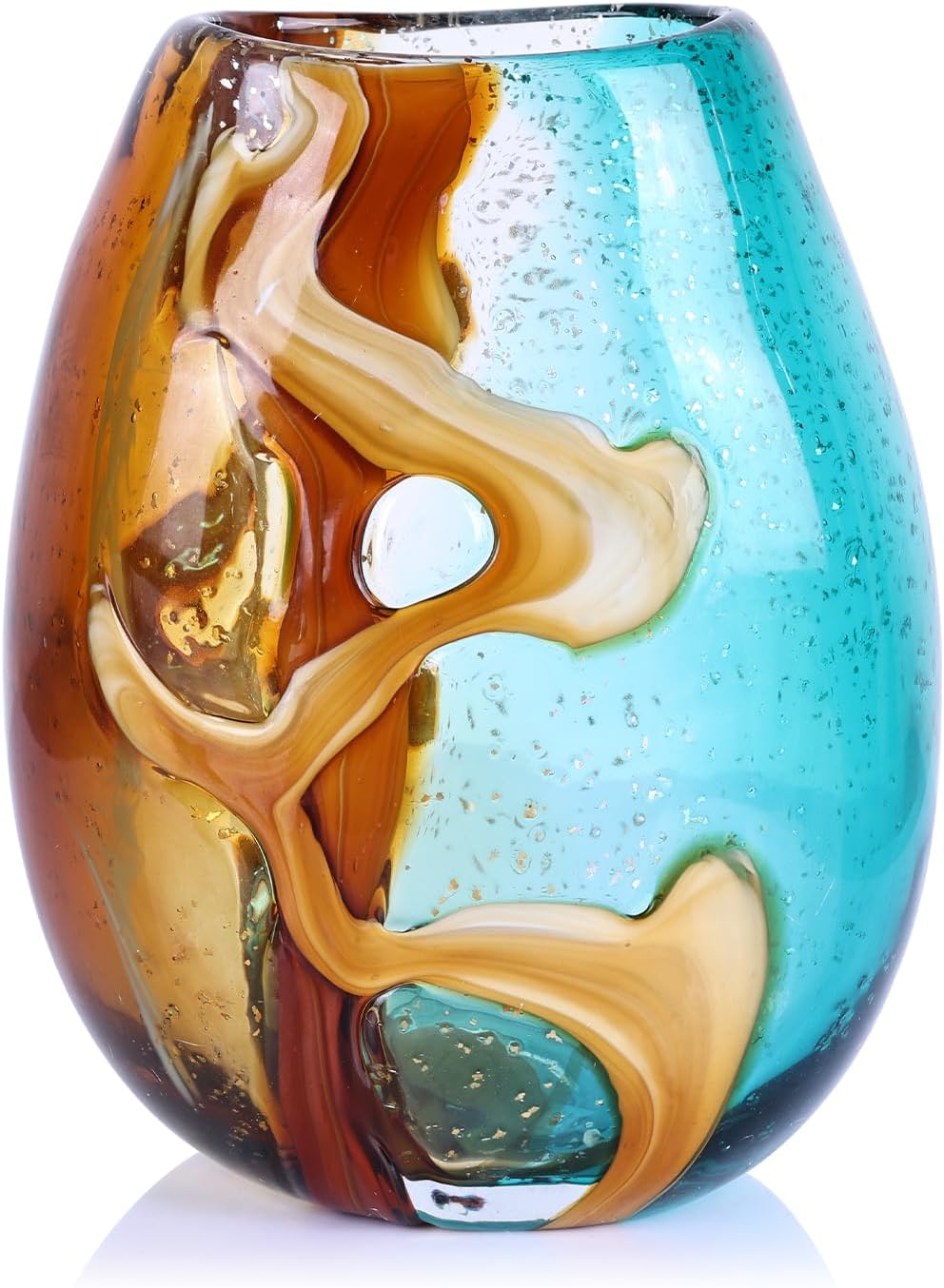 Pretty Hand Blown Glass Vase, Colored Glass Flower Vases Home Decor, Amber and Teal Decorative Murano vase for Living Room Office Bedroom Coastal Table Centerpieces Gift