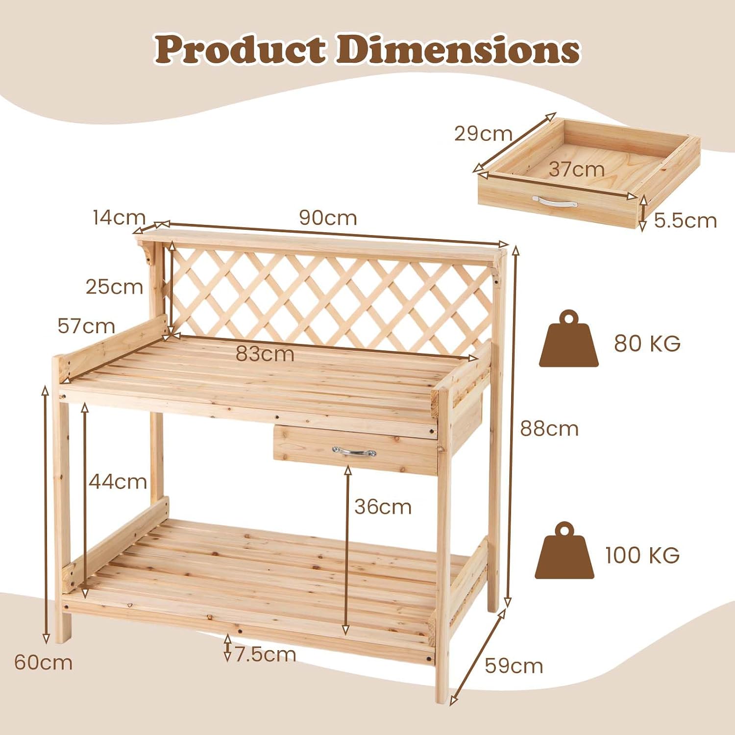 TANGZON Garden Potting Table, Solid Fir Wood Planting Workstation with Versatile trellis, Drawer, Raised Edge, Top & Lower Shelf, Wooden Flower Potting Bench for Backyard Balcony Lawn