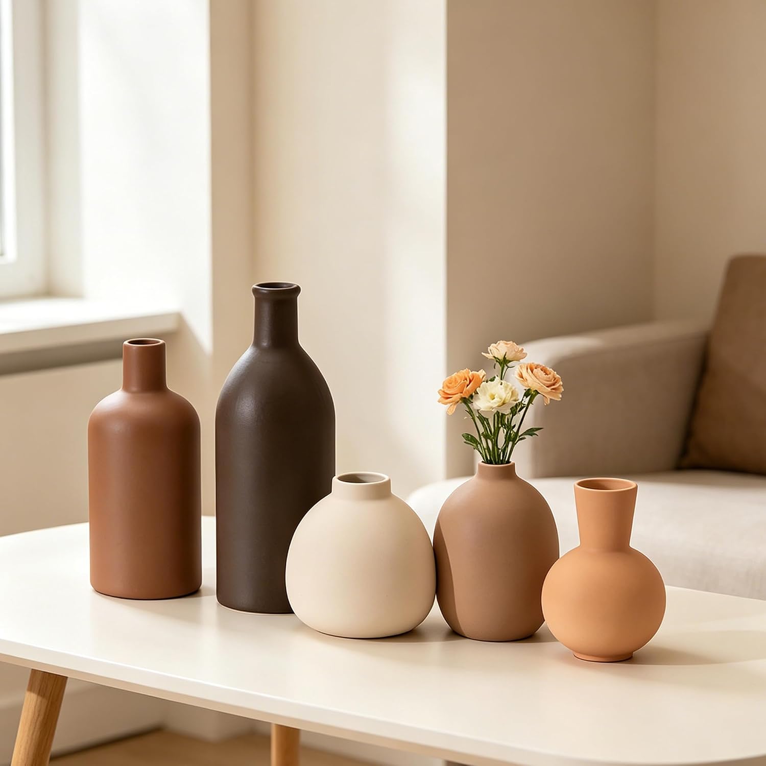 Small Ceramic Flower Vase Set, 5 Pack Modern Decorative Vases, Farmhouse Style Ornaments for Living Room, Kitchen, Bedroom, Party, Wedding