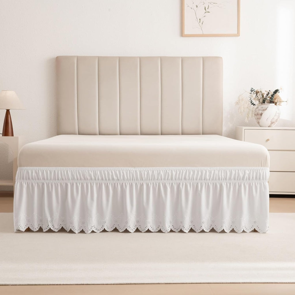 Eyelet Bed Skirt, Ruffled Design, 15 Inch Drop, Embroidered Scalloped Edge, Soft and Stylish, Easy On/Off Dust Ruffle (White,Full 54"x75")