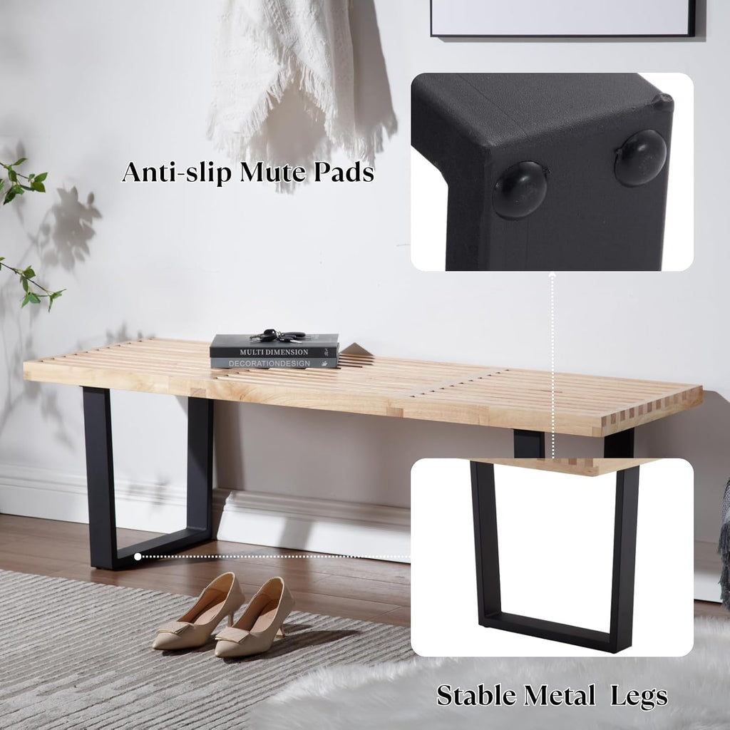 Wooden Dining Bench 55”Industrial Entryway Bench, Modern End of Bed Bench for Bedroom/Hallway, Natural Solid Wood Bench with W/Metal Legs for Dining Room/Living Room, Kitchen