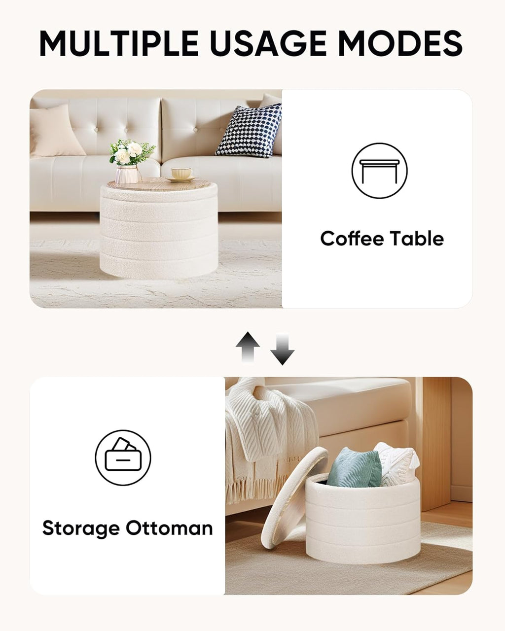 22 Inch Round Boucle Ottoman with Storage, Sherpa Teddy Fabric Ottoman Footstool, Folding Storage Foot Rest for Bedroom, Living Room Dorm, White