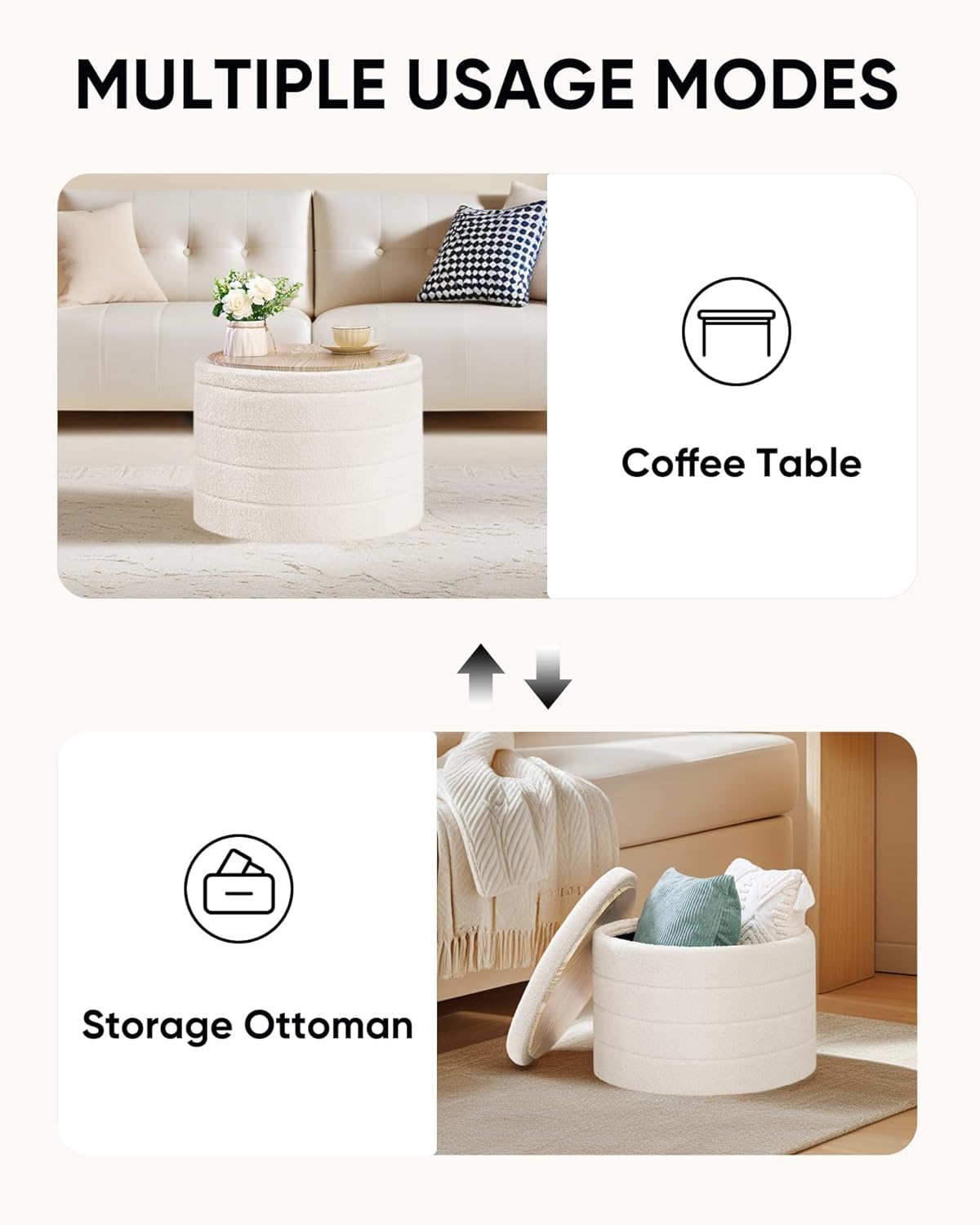 22 Inch Round Boucle Ottoman with Storage, Sherpa Teddy Fabric Ottoman Footstool, Folding Storage Foot Rest for Bedroom, Living Room Dorm, White