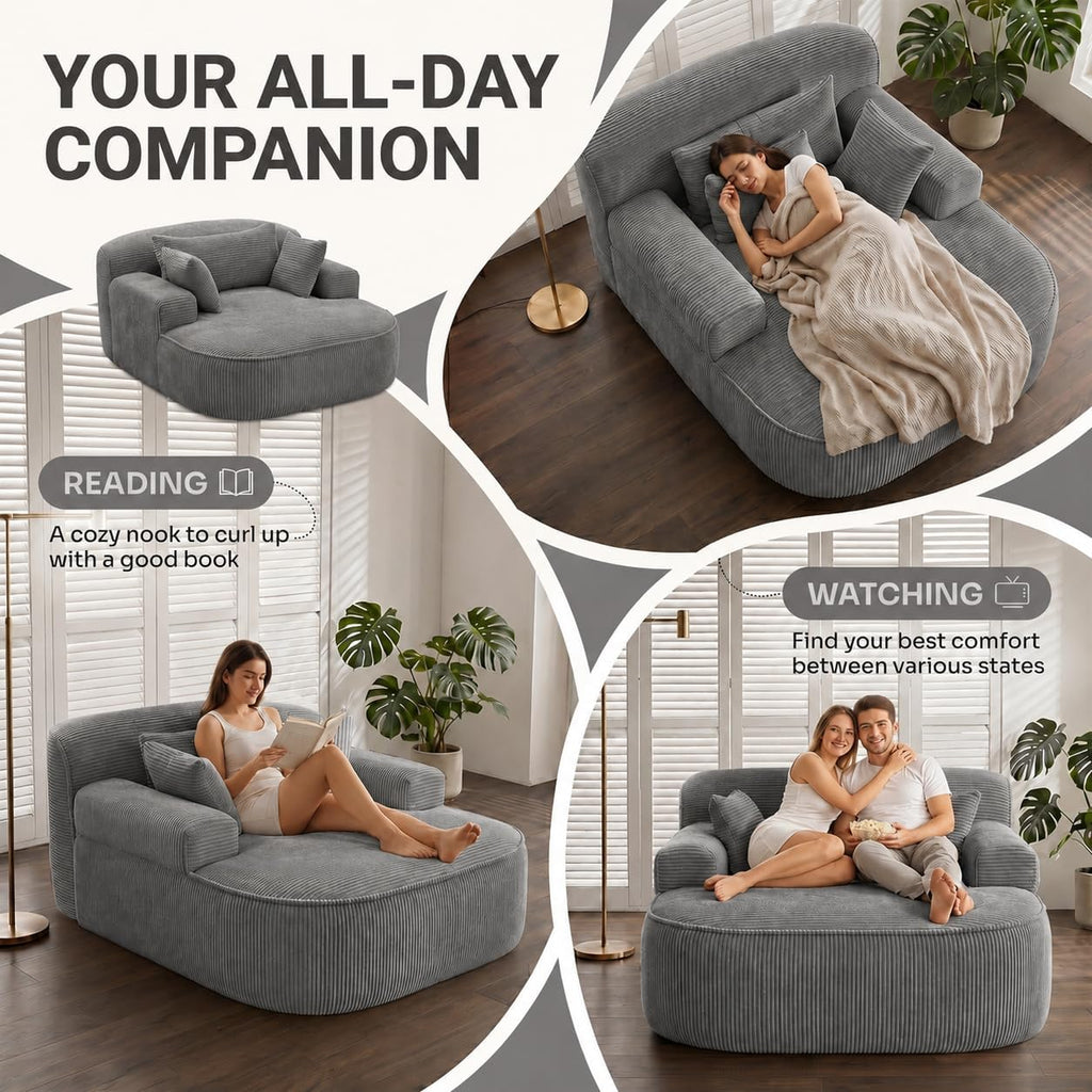 Oversized Chaise Lounge Chair Indoor, Boneless Couch Cloud Chair with 3 Comfy Pillows, Corduroy High-Density Foam Reading Chair, Wide Arms Bed Sleeper Sofa for Living Room Bedroom Relaxing