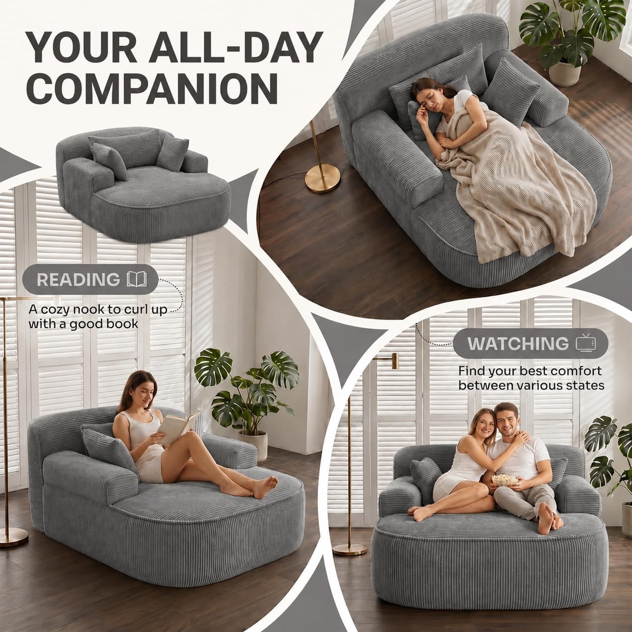 Oversized Chaise Lounge Chair Indoor, Boneless Couch Cloud Chair with 3 Comfy Pillows, Corduroy High-Density Foam Reading Chair, Wide Arms Bed Sleeper Sofa for Living Room Bedroom Relaxing