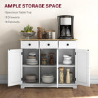 Sideboard with Solid Wood Countertop, Modern Kitchen Storage Cabinet, Coffee Bar Cabinet with 3 Drawers, Doors and Adjustable Shelf, Distressed White,for Kitchen