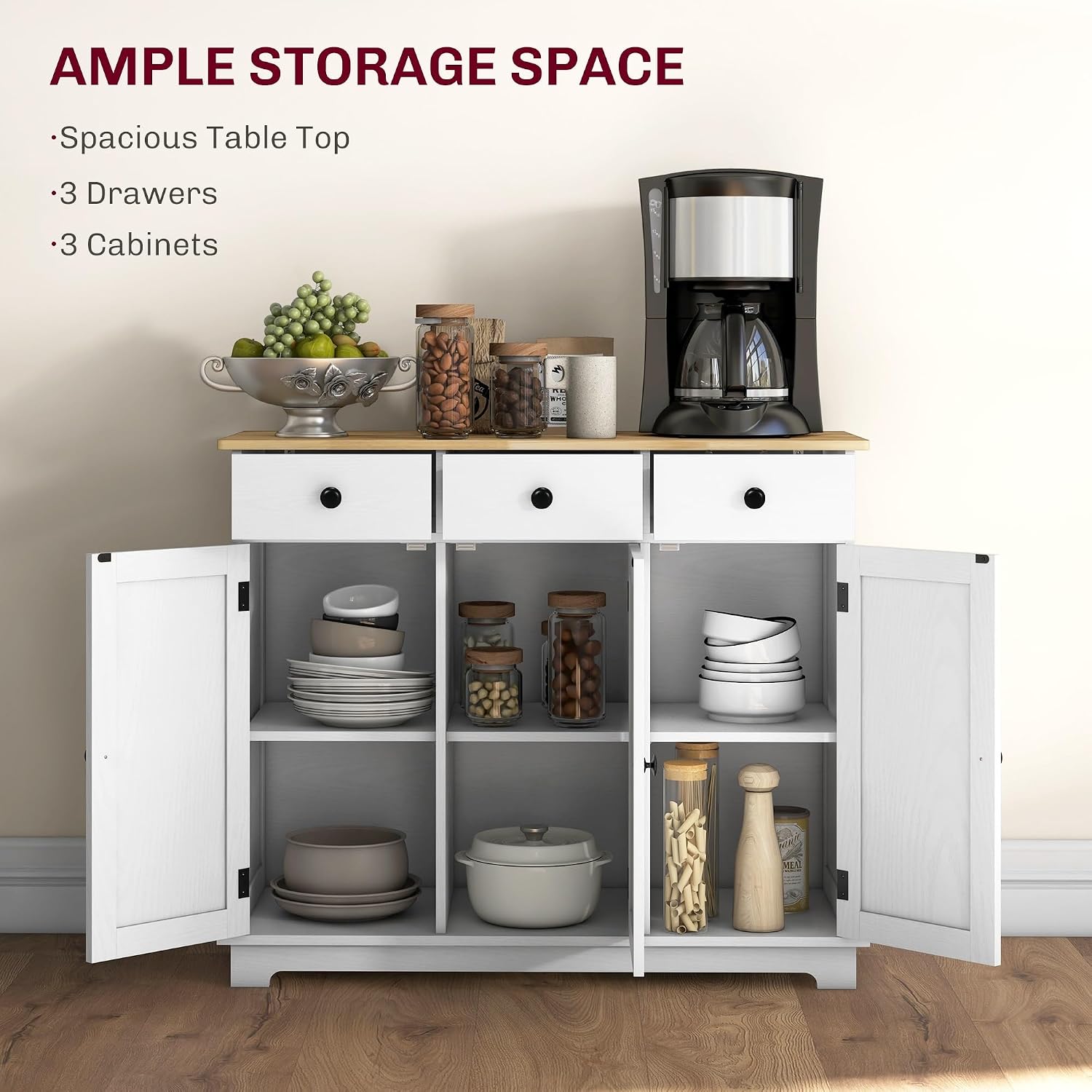 Sideboard with Solid Wood Countertop, Modern Kitchen Storage Cabinet, Coffee Bar Cabinet with 3 Drawers, Doors and Adjustable Shelf, Distressed White,for Kitchen