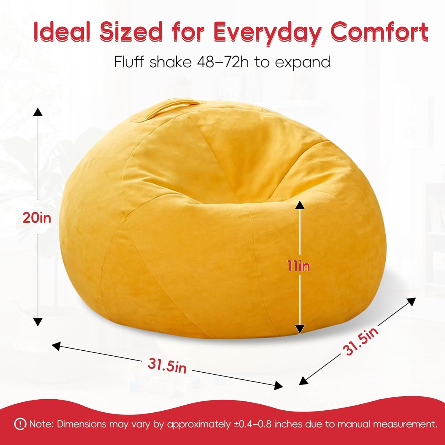 2.5FT Bean Bag Chair for Teens & Youth, Beanbag Chair with High-Density Foam Filling, Soft Chenille Boneless Reading Chair, Cozy Bean Bag for Bedroom, Reading & Dorm(Yellow, 31.5" W x 31.5" D x 20" H)