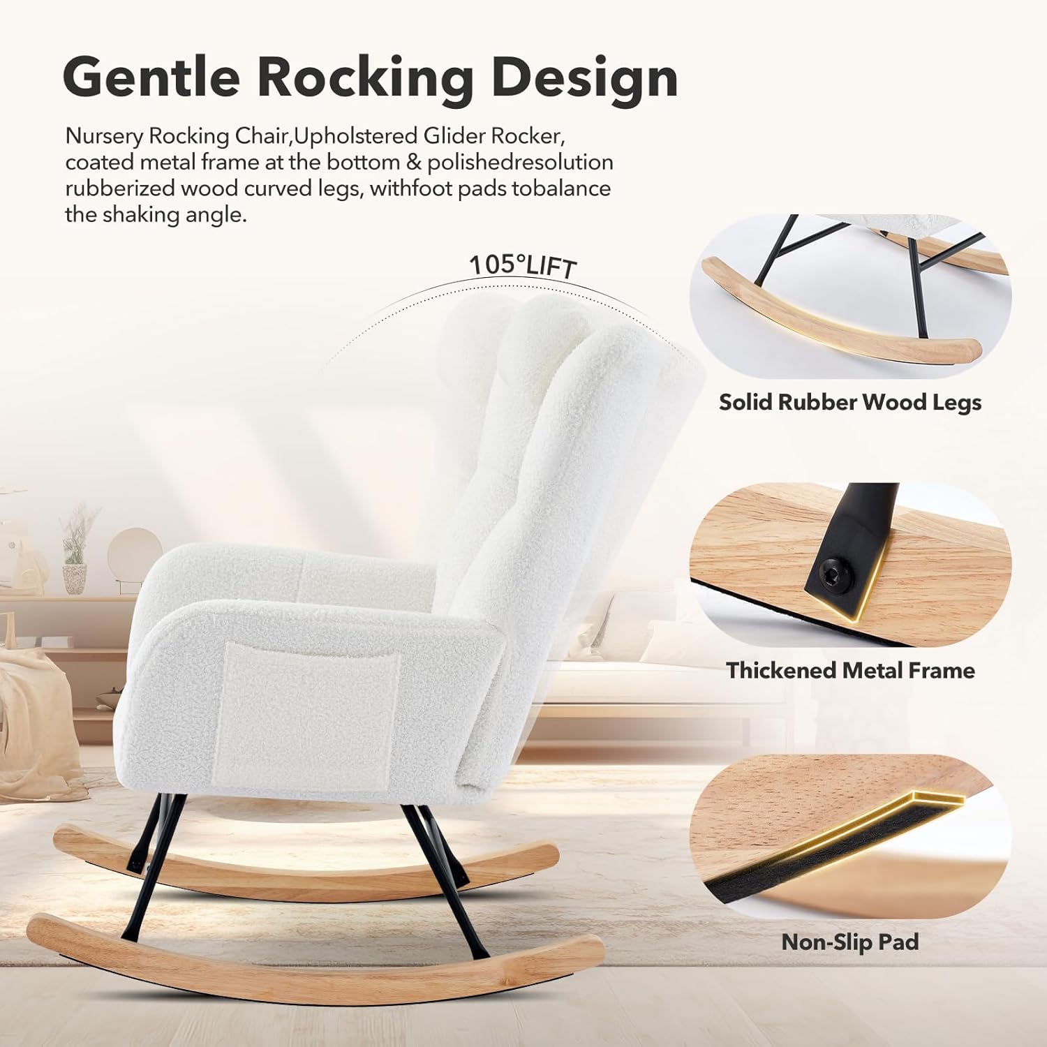 GarveeLife Nursery Rocking Chair,Teddy Upholstered Padded Seat Rocking Chair with High Backrest,Modern Accent Recliner for Living Room, Bedroom, Cozy Reading