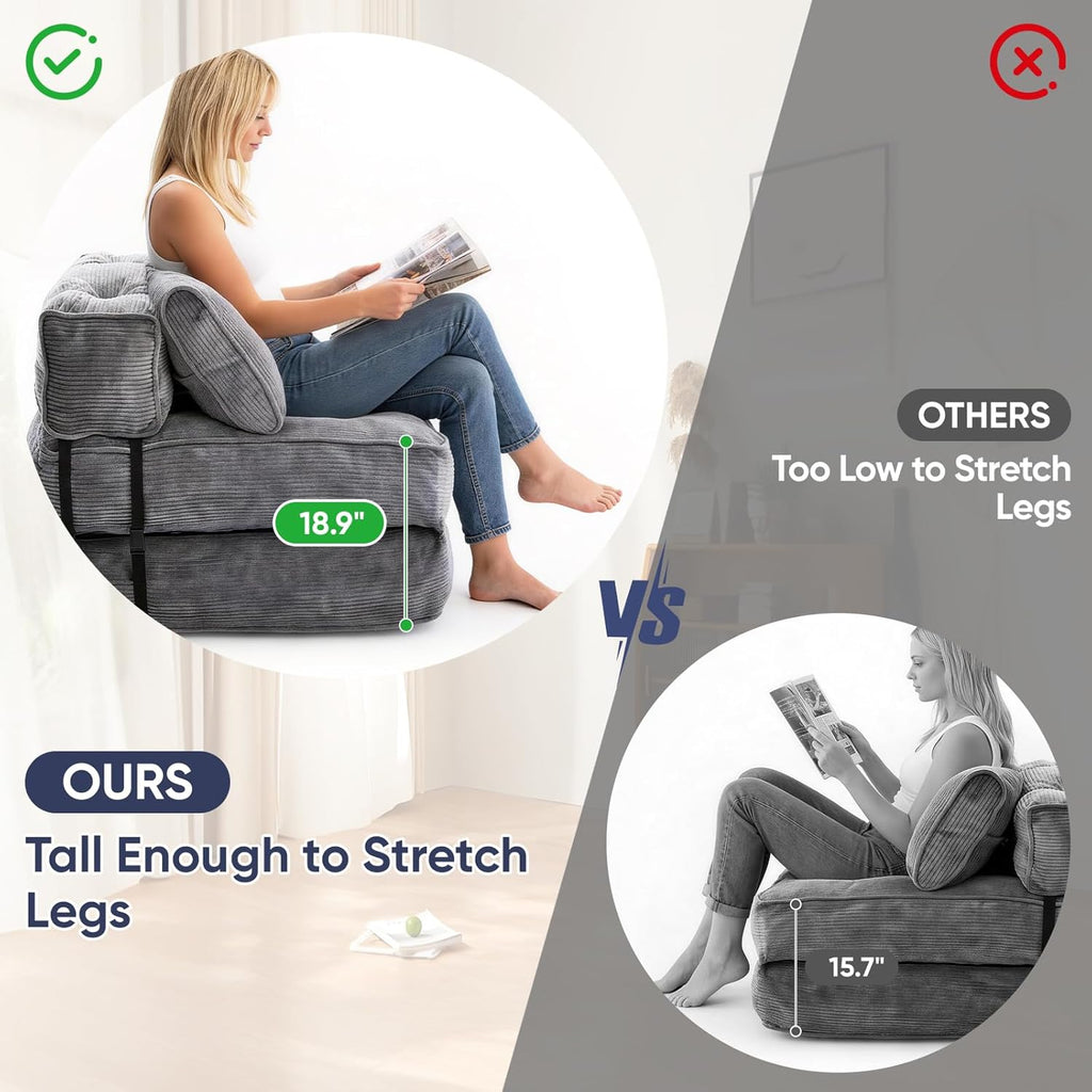 Folding Sofa Bed, Convertible Single Sleeper Chair with Back Support & Pillow, Multifunctional Fold Out Chair Bed for Small Space Living Room Bedroom Guest Office (Grey)