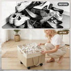 2 Pack Large Shoe Organizer for Closet, 32 Pairs Shoe Storage Box with 360° Wheels & Reinforced Handles, Adjustable Dividers, Clear Cover, Side Pocket, Foldable Oxford Fabric Bin for Entryway, Beige