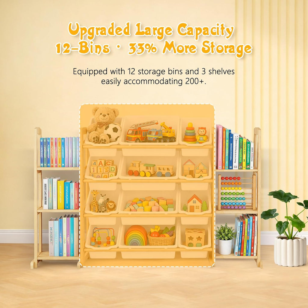 Toy Storage Organizer with Bookshelf – Wooden Toy Organizer with 12 Toy Bins & 6 Tier Bookcase,Quick Assembly Kids Bookshelf,Toy Bin for Playroom, Bedroom, Nursery– White