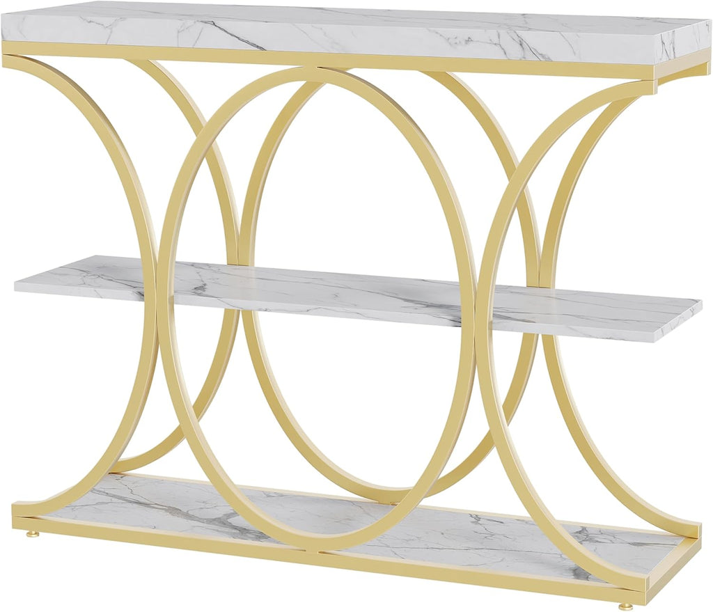 Garvee 39" Narrow Console Tables for Entryway, Industrial 3-Tier Sofa Table with Round Metal Base and Storage Shelves for Living Room, Hallway, Foyer, Gold and White Marble