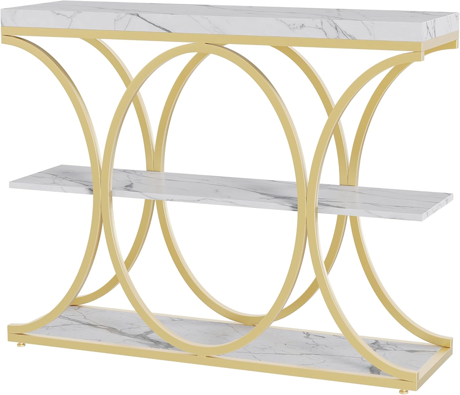 Garvee 39" Narrow Console Tables for Entryway, Industrial 3-Tier Sofa Table with Round Metal Base and Storage Shelves for Living Room, Hallway, Foyer, Gold and White Marble
