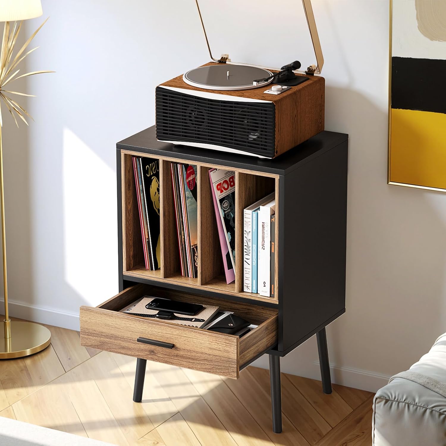 Kiasthome Black Record Player Stand with Storage Crate & Drawer, Vinyl Record Storage Cabinet Side Table for Turntable with Solid Wood Legs, for Living Room, Bedroom