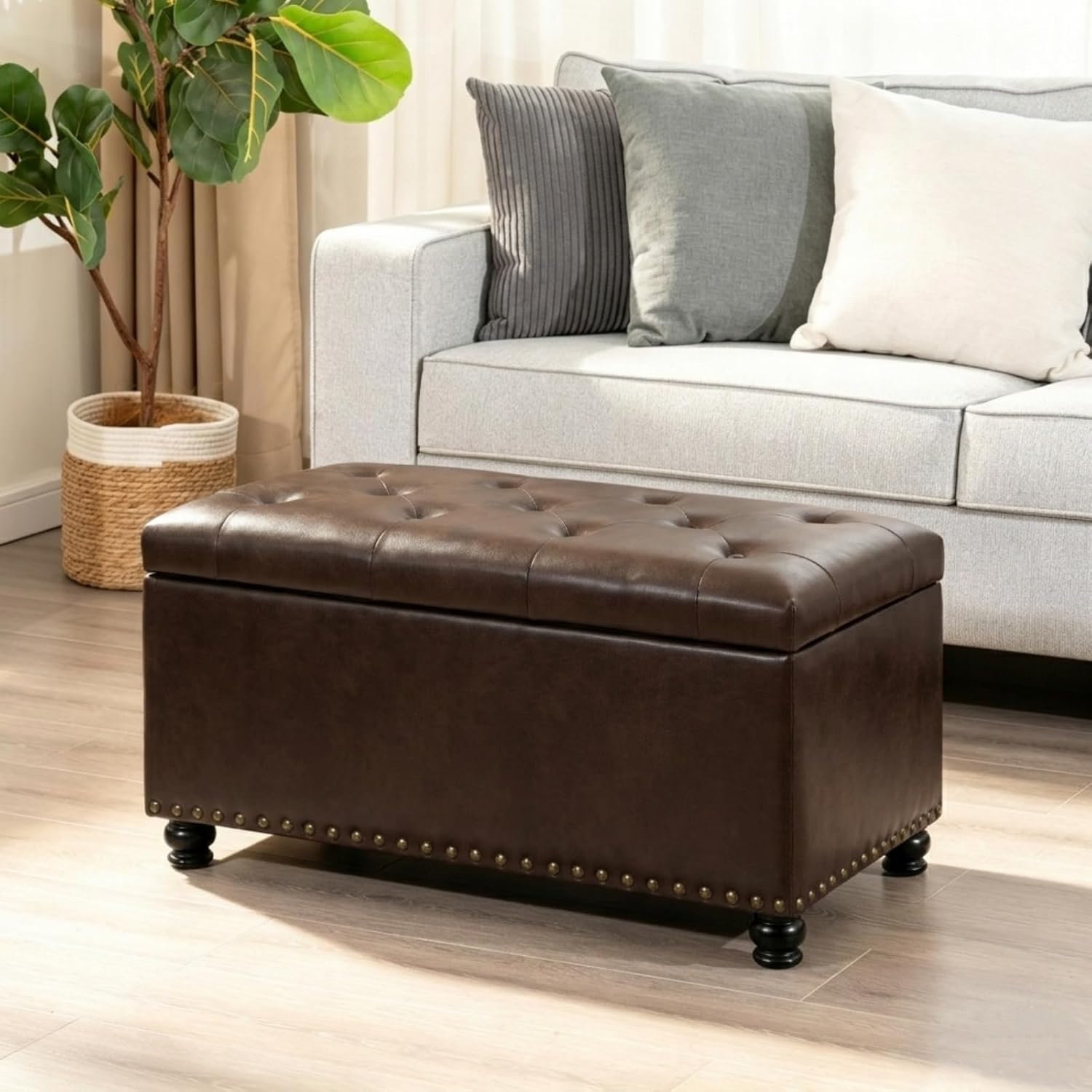 Asense Storage Ottoman Bench, Faux Leather Ottoman with Storage for Living Room Bedroom, Multi-Functional Storage Chest Foot Rest, Upholstered Bench for End of Bed, Entryway, 35.4" W