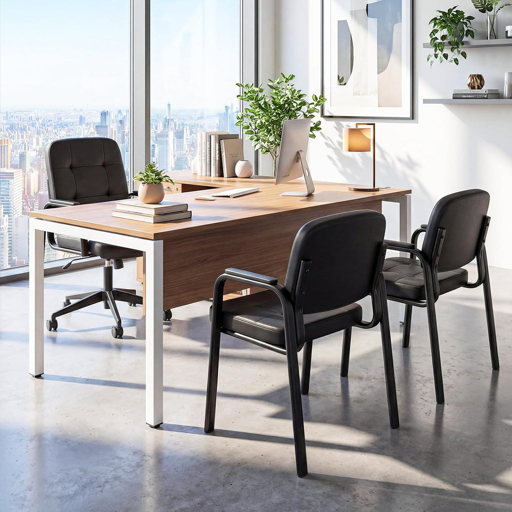 Giantex Waiting Room Guest Chairs Set of 2, Leather Office Reception Chairs with Padded Armrests, Metal Frame, Stationary Side Chairs No Wheels for Conference Meeting Lobby Home, Black
