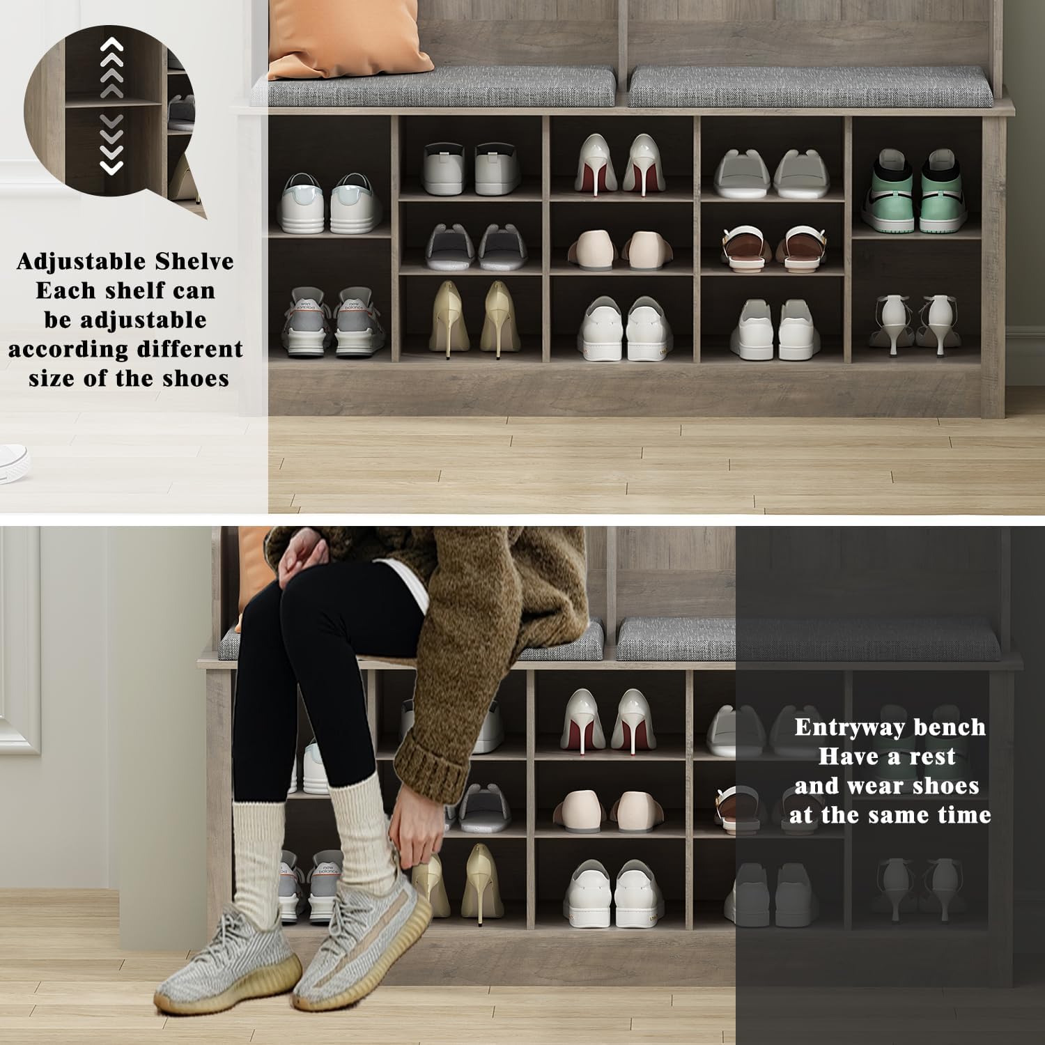 Wodeer Hall Tree with Bench and Shoe Storage, 53" Farmhouse 4-in-1 Mudroom Storage Organizer with Coat Rack, 6 Hooks, 12 Shoe Cubbies, Adjustable Shelf, for Entryway, Hallway, Living Room, Grey