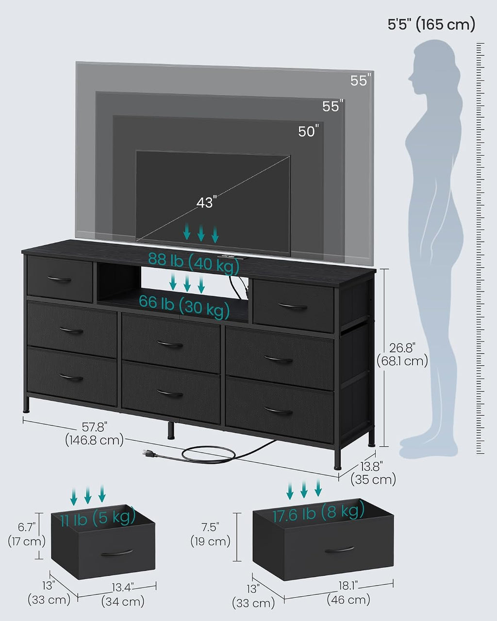 SONGMICS BELLAH Collection - Dresser for Bedroom with Outlets and LED Lights, TV Stand for TVs Up to 65 Inches, Chest of Drawers, 8 Drawers, Steel, Modern, Ink Black ULGS434BH02S