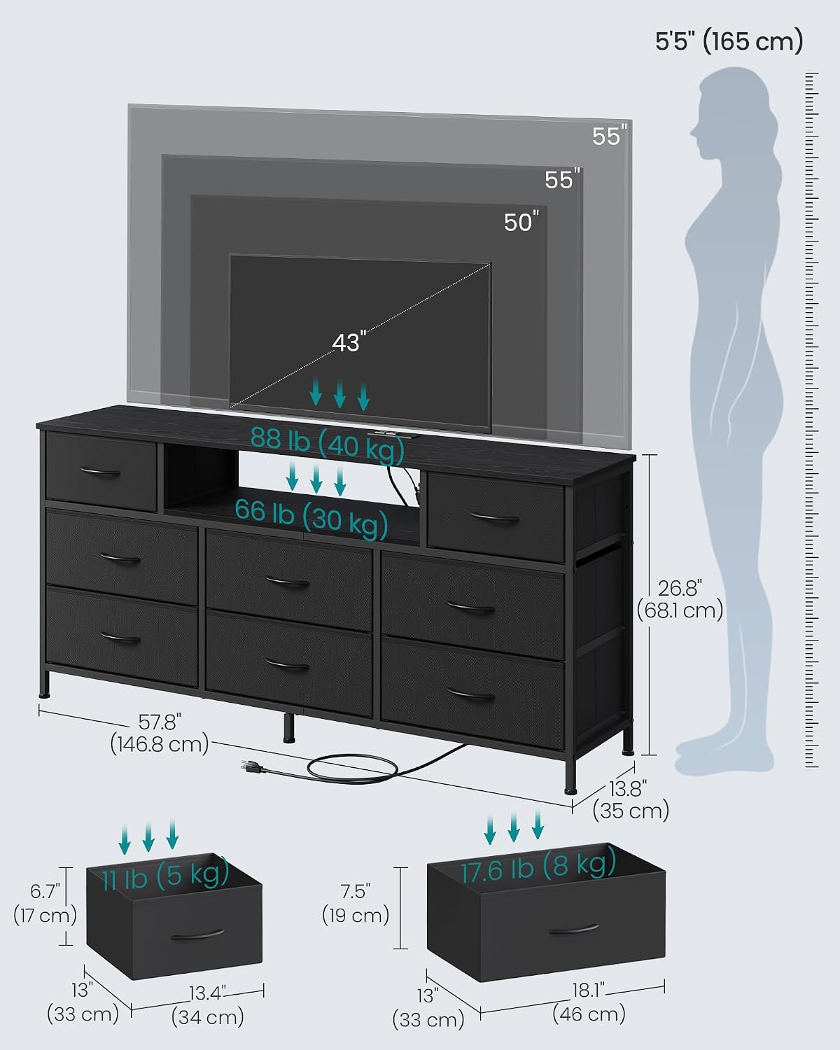 SONGMICS BELLAH Collection - Dresser for Bedroom with Outlets and LED Lights, TV Stand for TVs Up to 65 Inches, Chest of Drawers, 8 Drawers, Steel, Modern, Ink Black ULGS434BH02S