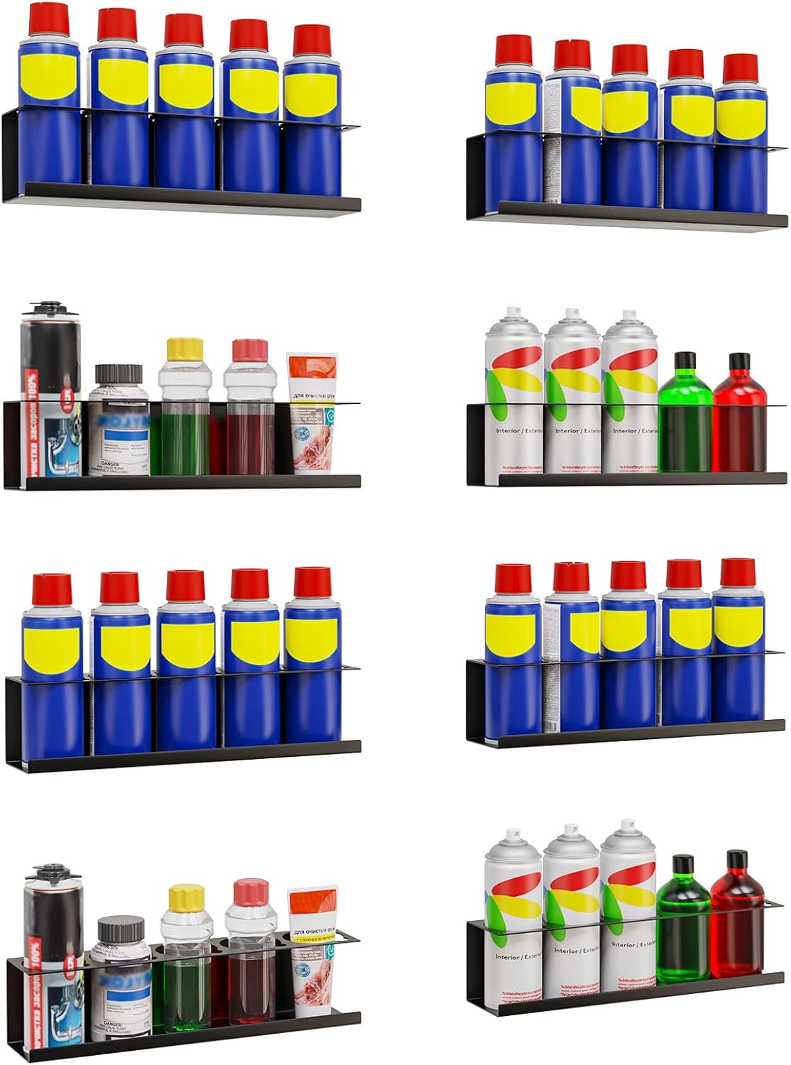 Riciakik 8 Pack Spray Bottle Holder Wall-Mounted, Aerosol Spray Can Holder Storage Rack, Heavy-Duty Paint Bottle Organizer with 40 Holes, Steel Black Spray Rack for Garage, Shop, Home or Tool Trailer