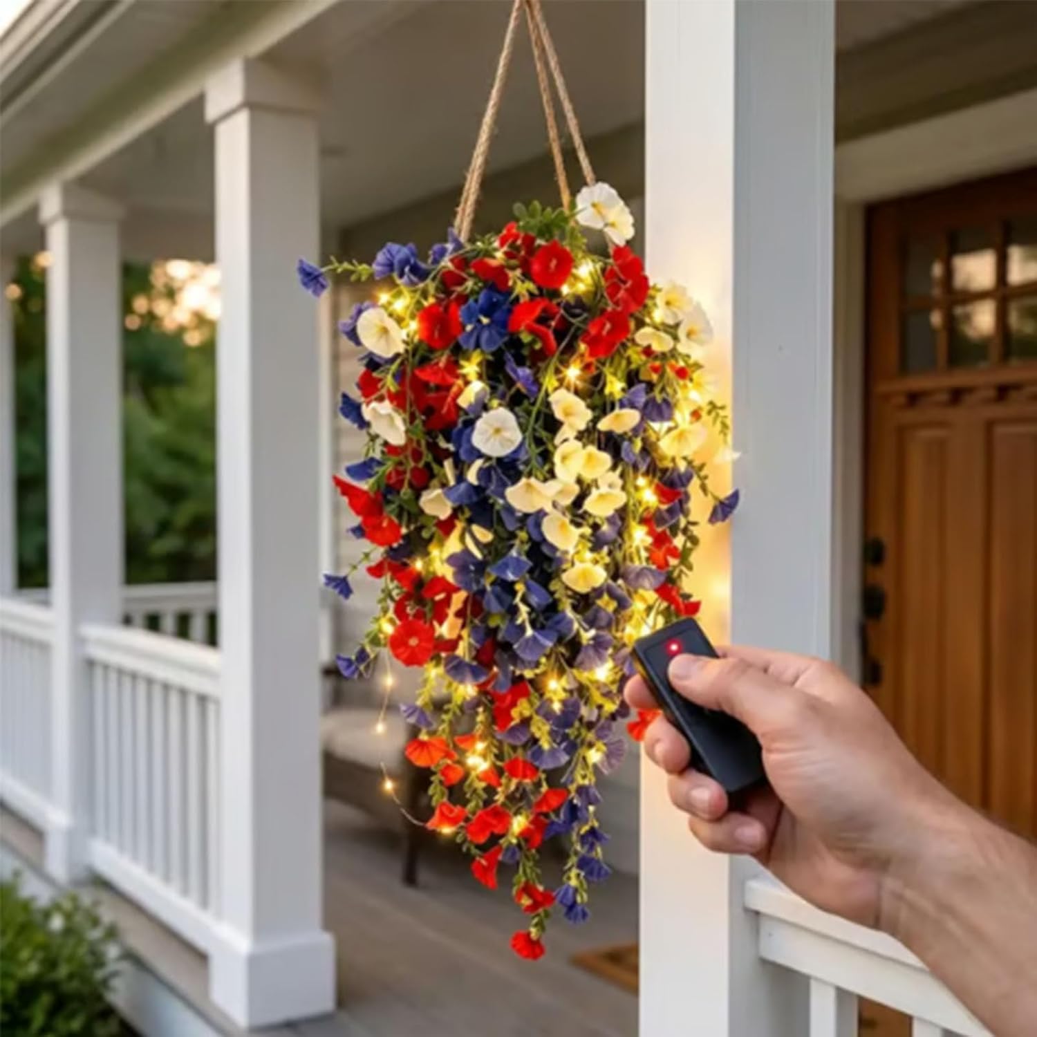 Patriotic Hanging Flower Baskets, Anniversary Porch Decor, red White and Blue Hanging Flowers, Artificial Hanging Plants red White and Blue (Without Light*2)