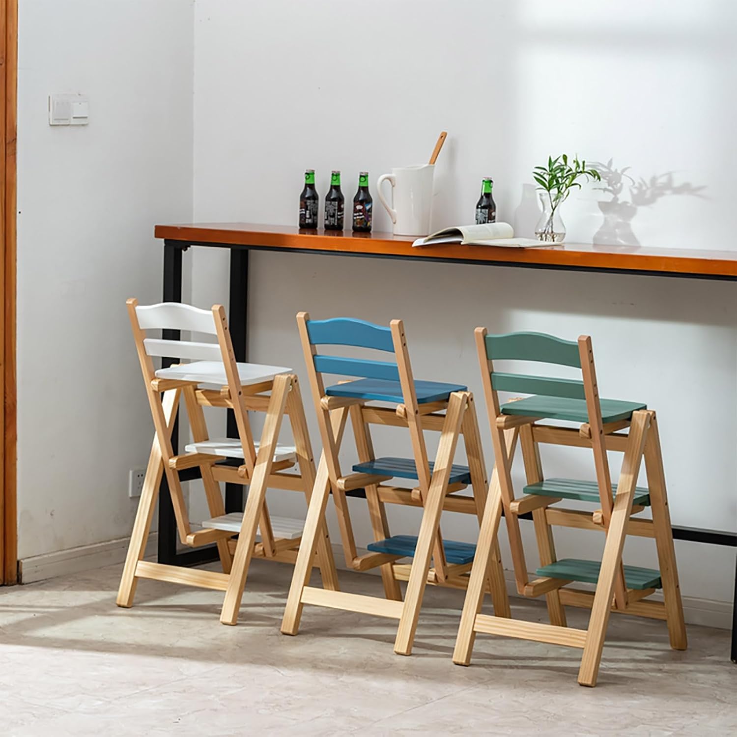 Solid Wood Folding Bar Stool Height Foldable Stool Tall Stool 3 Step Multifunction Indoor Ladder Stool Portable Foldable Stool Step Stool For Household Kitchen Bathroom Storage Shelf(Wood color)