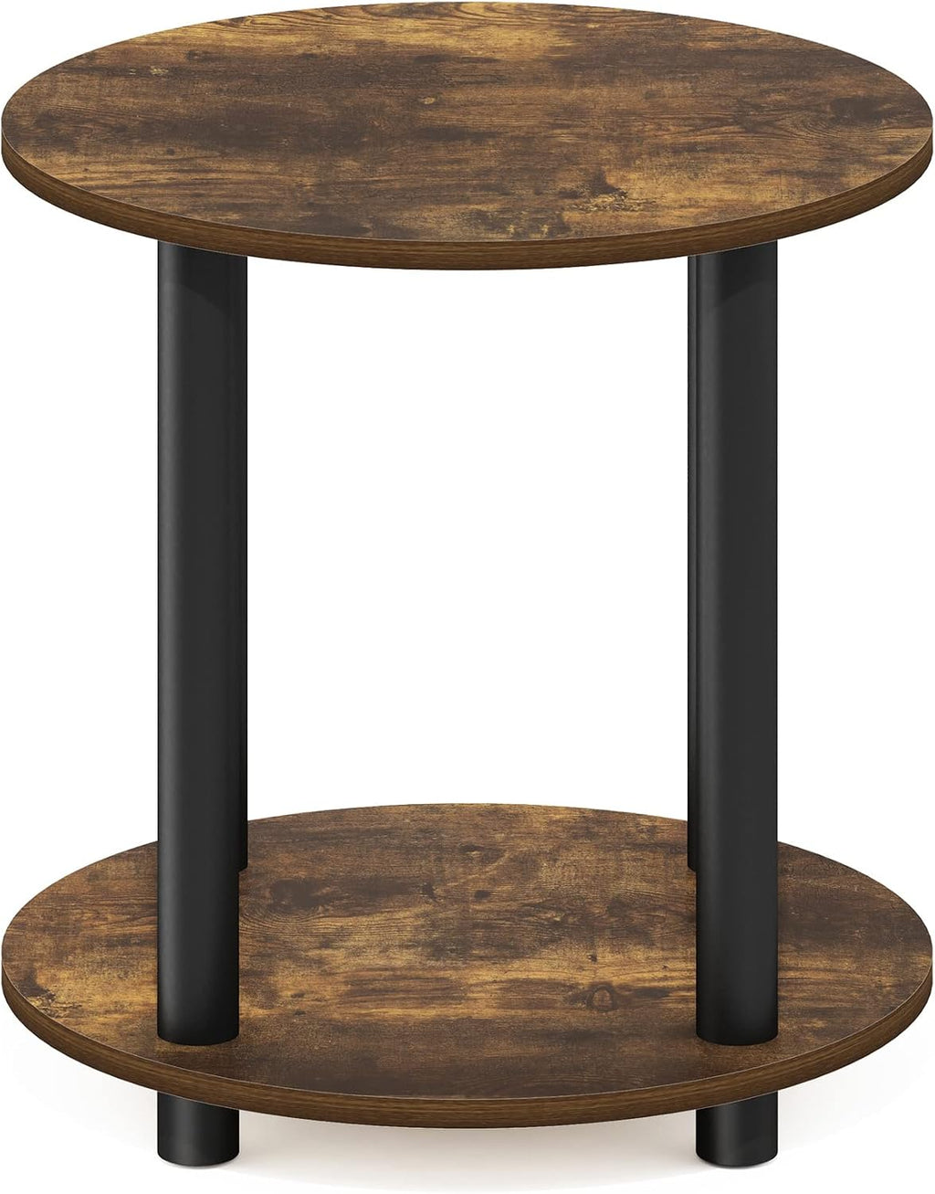 Furinno Turn-N-Tube Toolless Assembly Side Table, 2-Tier Rustic Brown Round End Table with Open Shelf, Night Stand, Bedside Table, for Living Room, Bedroom, Amber Oak