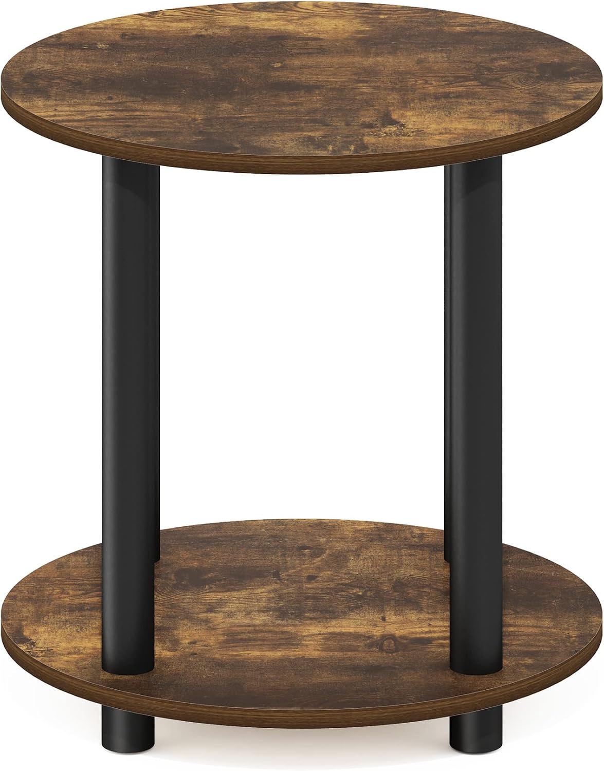 Furinno Turn-N-Tube Toolless Assembly Side Table, 2-Tier Rustic Brown Round End Table with Open Shelf, Night Stand, Bedside Table, for Living Room, Bedroom, Amber Oak