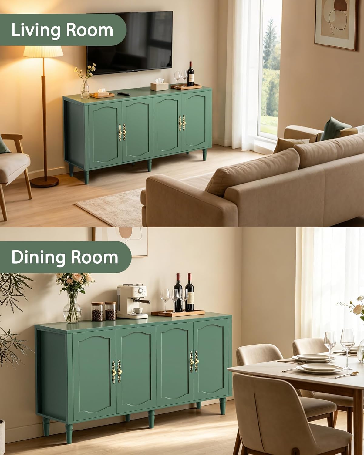 fineway 63" Sideboard Buffet Cabinet, Mid Century Modern Credenza Storage Cabinet with Carved Handle & Adjustable Shelves, Buffet Table Kitchen Coffee Bar for Living Room Dining Room - Green