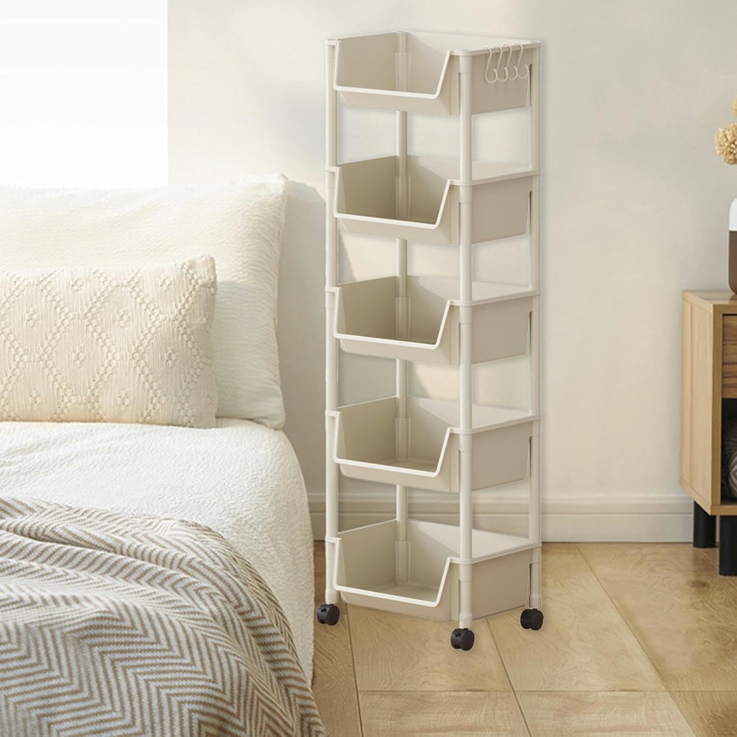 5-Tier Plastic Rolling Cart with Wheels, Multi Layer Storage Cart, Multi-Functional High-Borders Storage Trolley, Durable and Stable, Tiered Cart for Bathroom,Laundry, Living Room