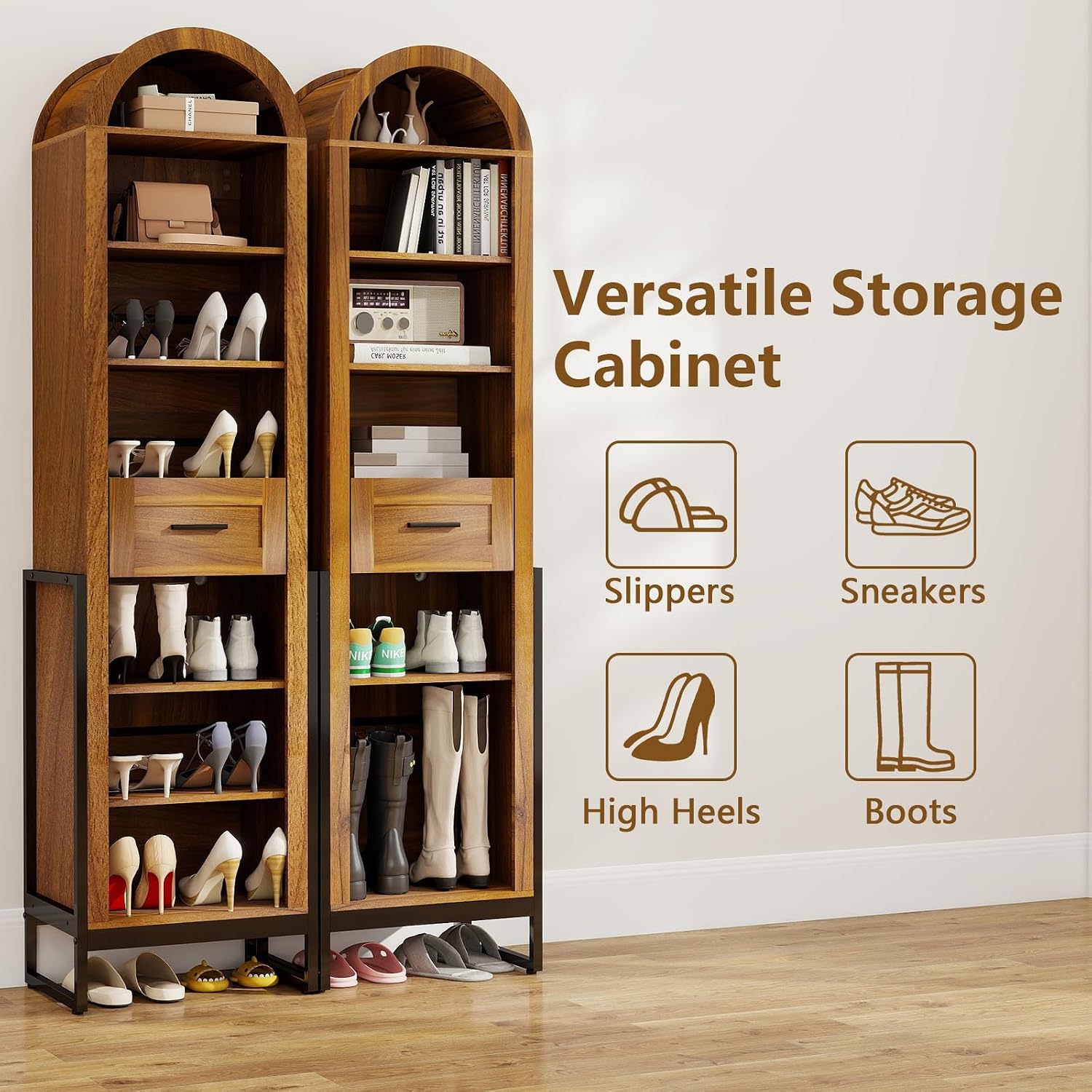YU YUSING 71" Tall Shoe Storage Cabinet, 8 Tiers Arched Shoe Rack Organizer with Drawer, Freestanding Shoe Closet Shelf with Open Storage for Closet, Entryway, Living Room