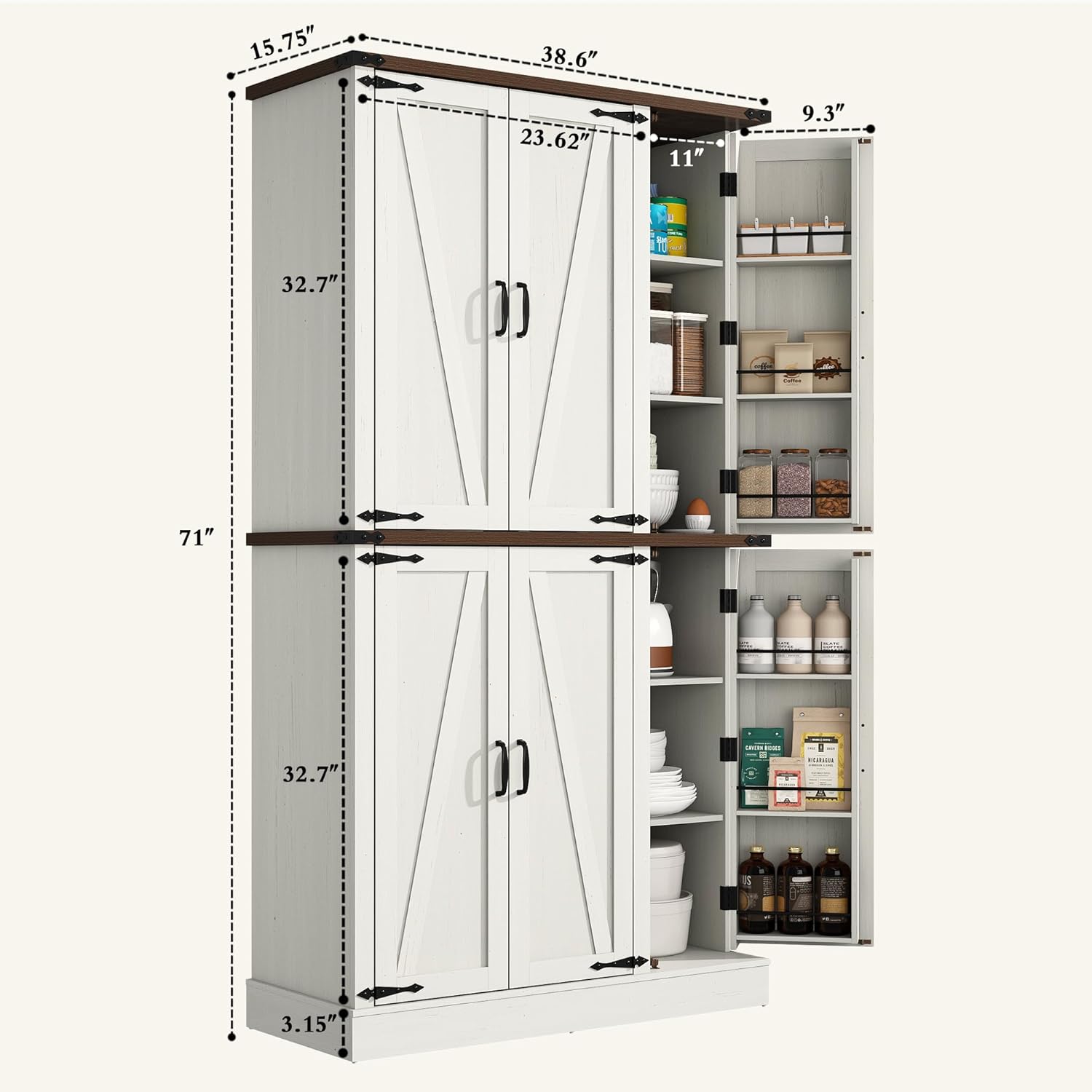 chartustriable 71in Farmhouse Kitchen Pantry Cabinet,Freestanding Tall Storage Cabinet with 6 Barn Doors,Organizer,Rustic Wood Storage Cabinets for Kitchen,Dining Room,Bathroom(White)