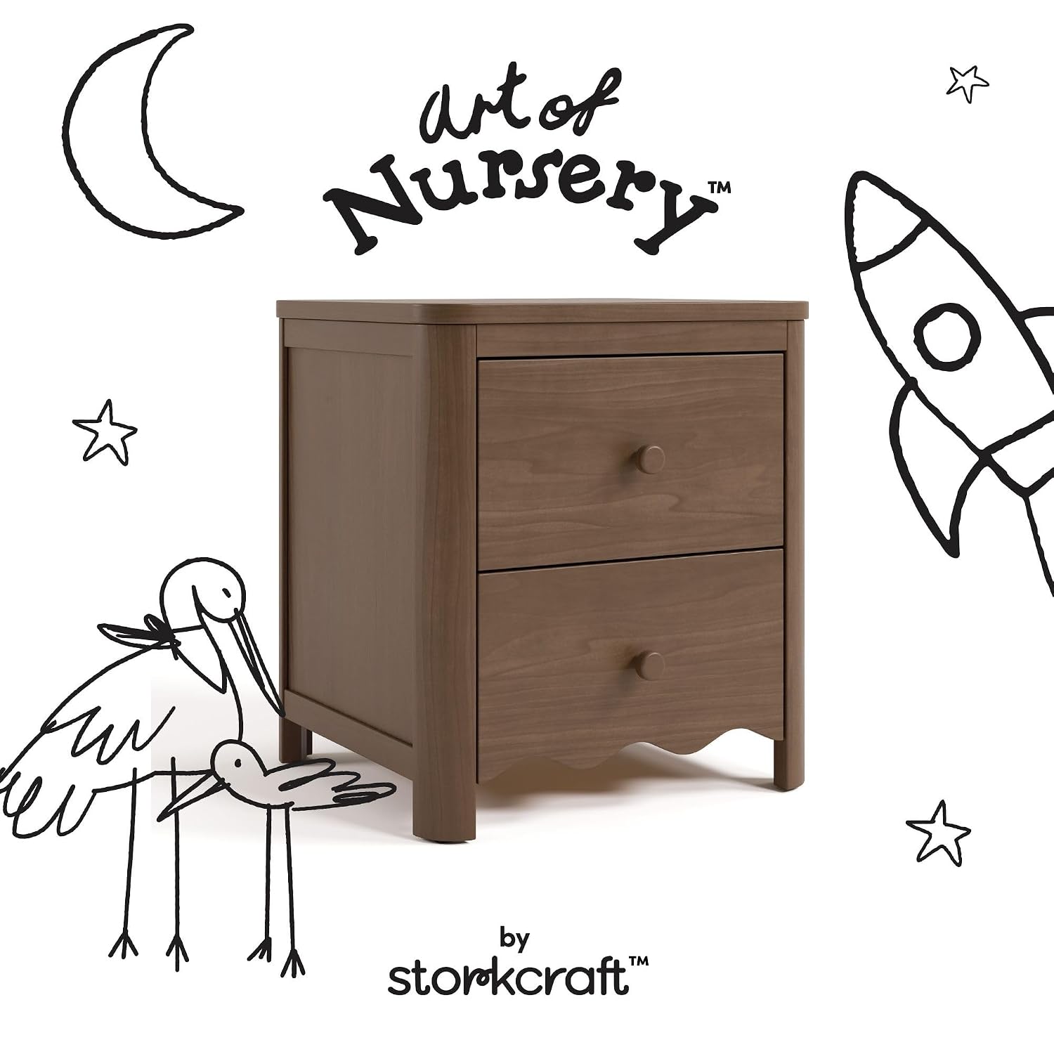 Storkcraft Casablanca 2 Drawer Nightstand, Hazelnut | GREENGUARD Gold Certified, Storage for Kids Bedroom, Premium Wood Nightstand with Iconic Wave Detailing and Rounded Posts